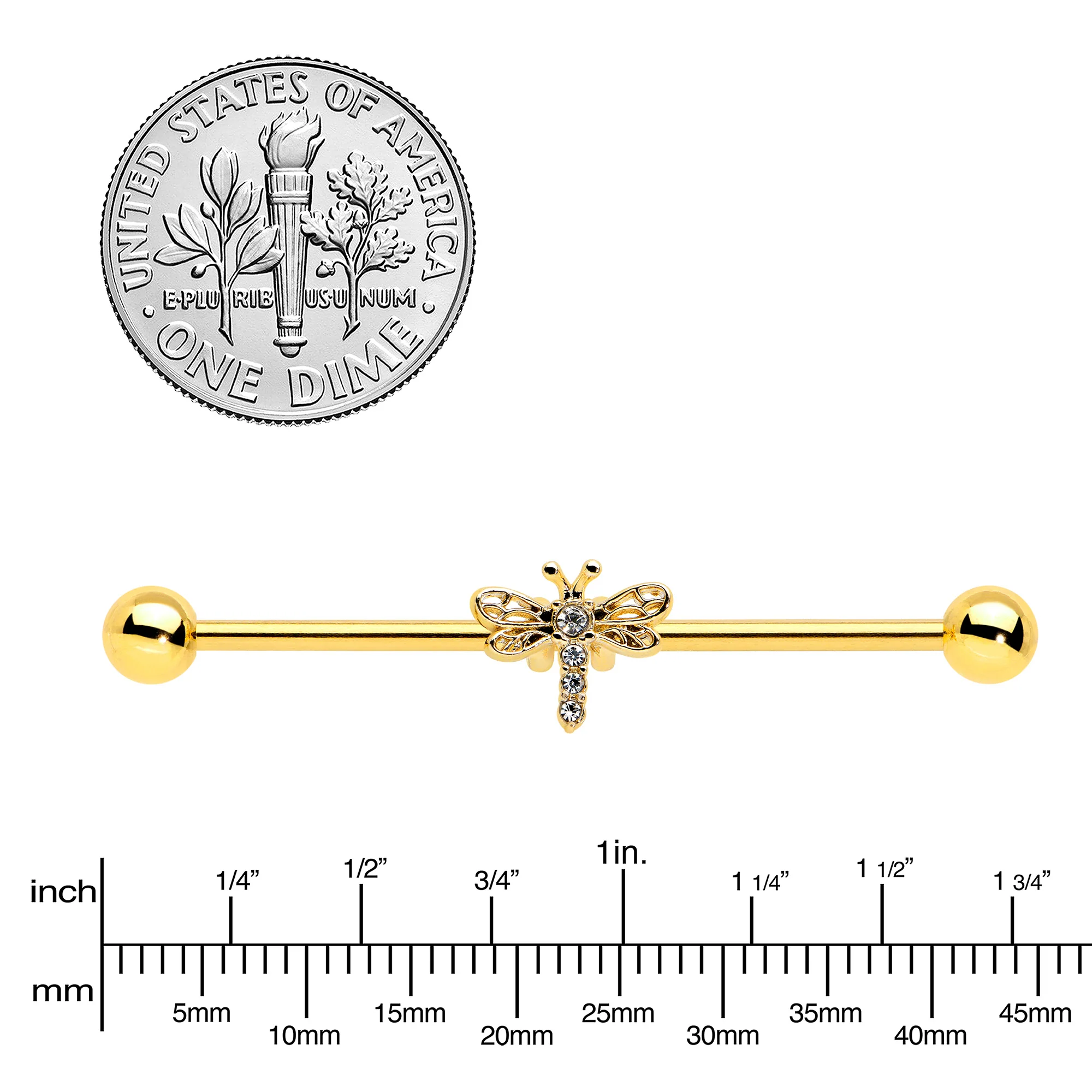 14G Clear Gem Gold Tone Flying Dragonfly Industrial Barbell 38mm - Image 3