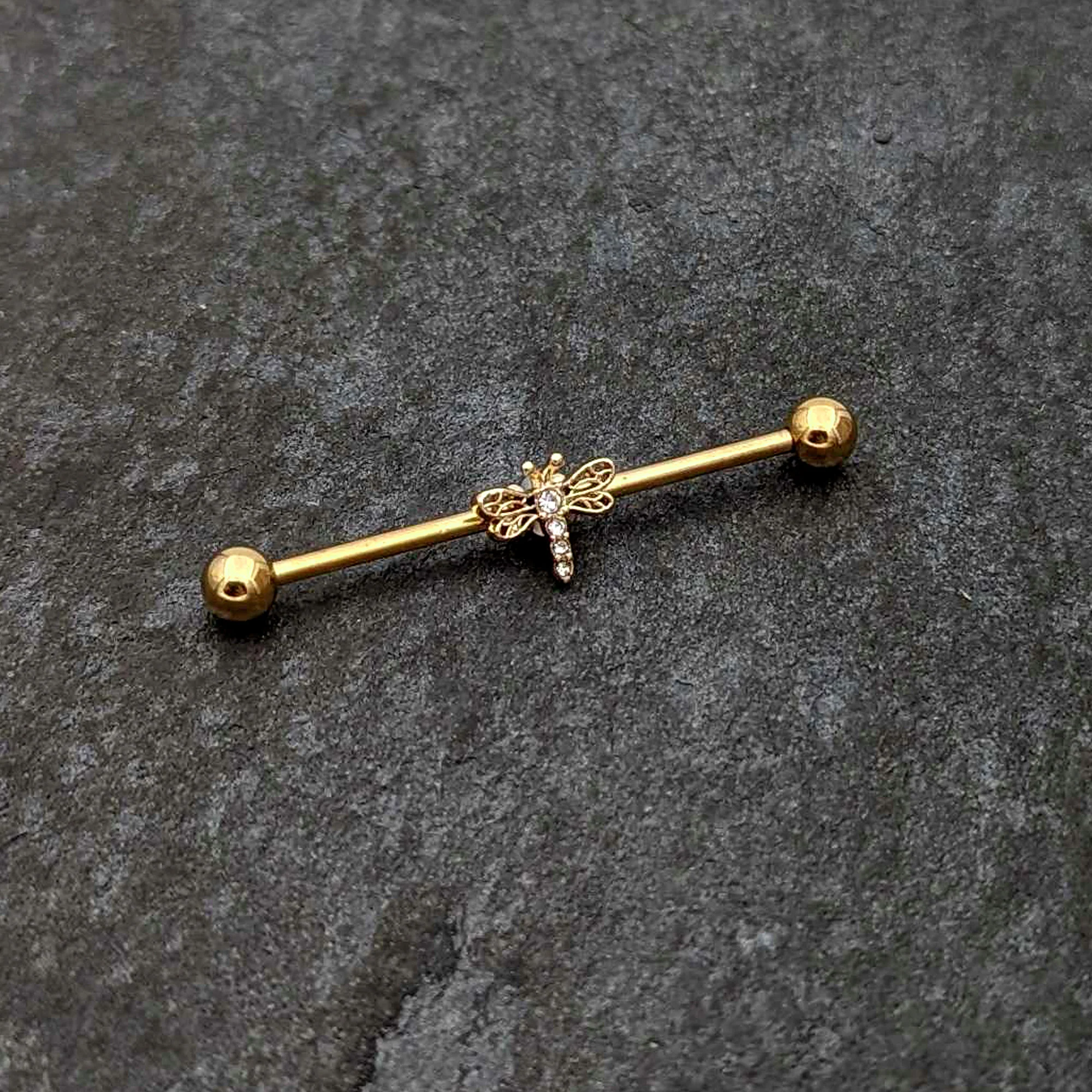 14G Clear Gem Gold Tone Flying Dragonfly Industrial Barbell 38mm - Image 4
