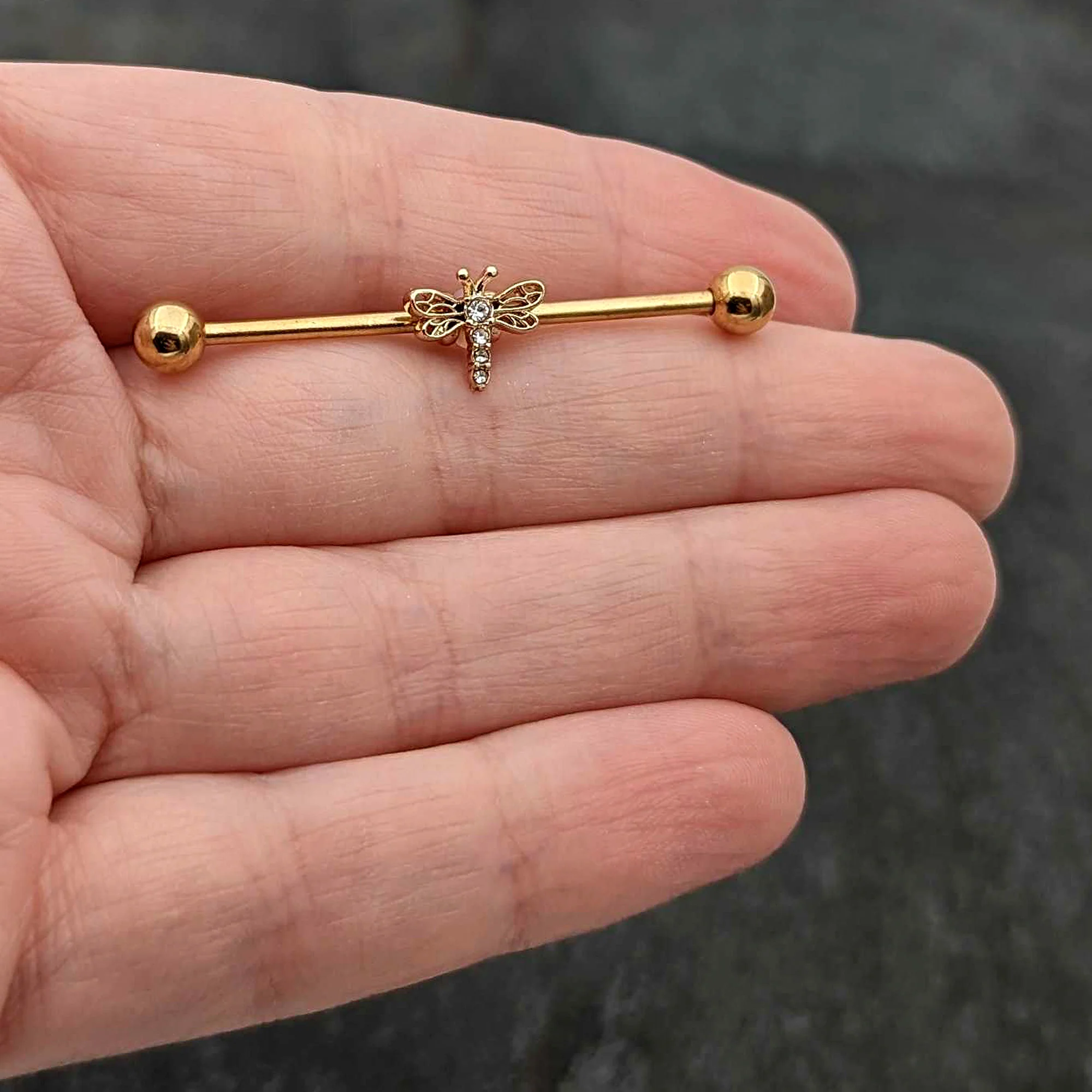 14G Clear Gem Gold Tone Flying Dragonfly Industrial Barbell 38mm - Image 7