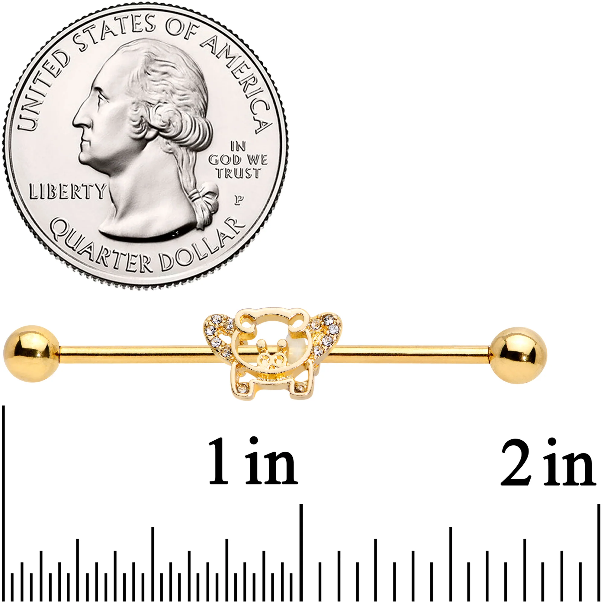 14G Clear Gem Gold Tone Flying Pig Industrial Barbell 38mm - Image 2
