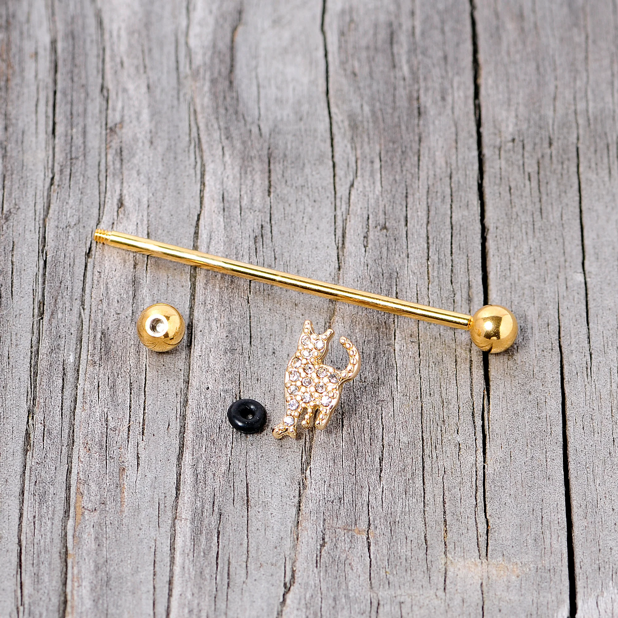 14G Clear Gem Gold Tone Glamourpuss Cat Industrial Barbell 38mm - Image 4