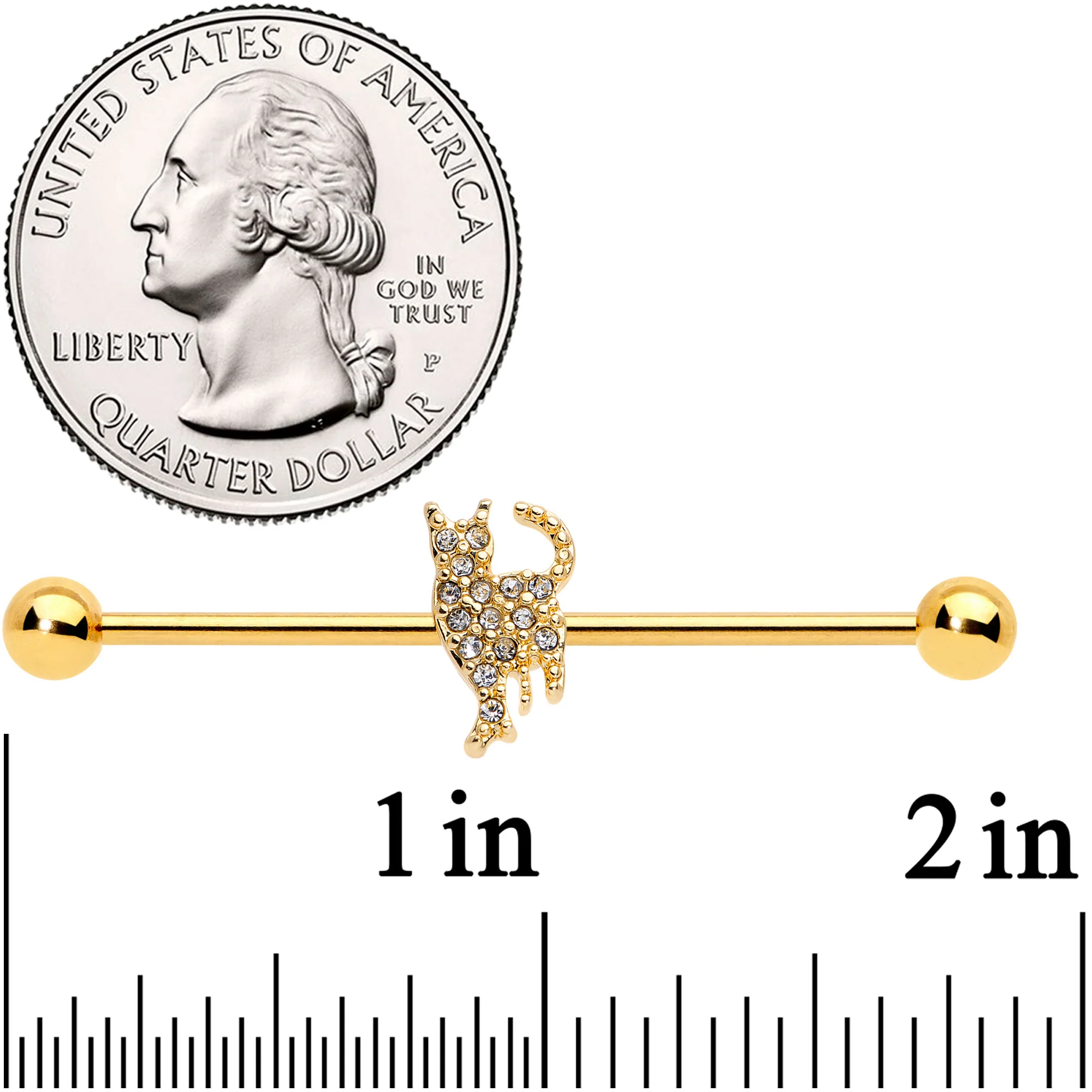 14G Clear Gem Gold Tone Glamourpuss Cat Industrial Barbell 38mm - Image 5