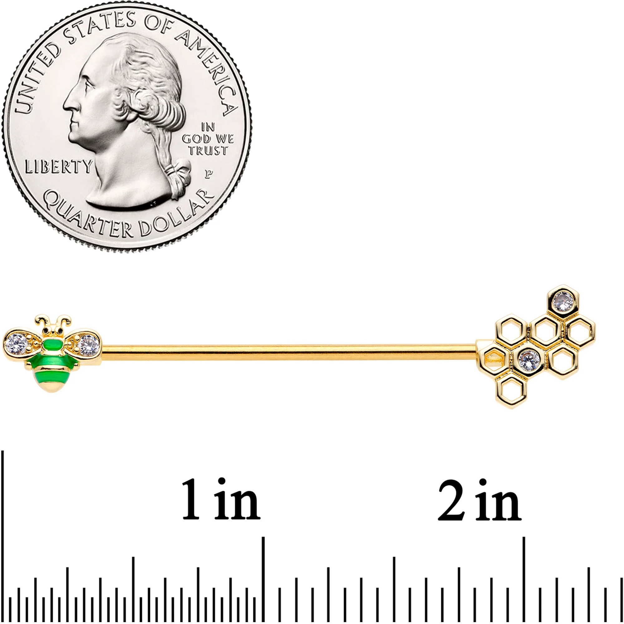 14G Clear Gem Gold Tone Green Bee Industrial Barbell 38mm - Image 2