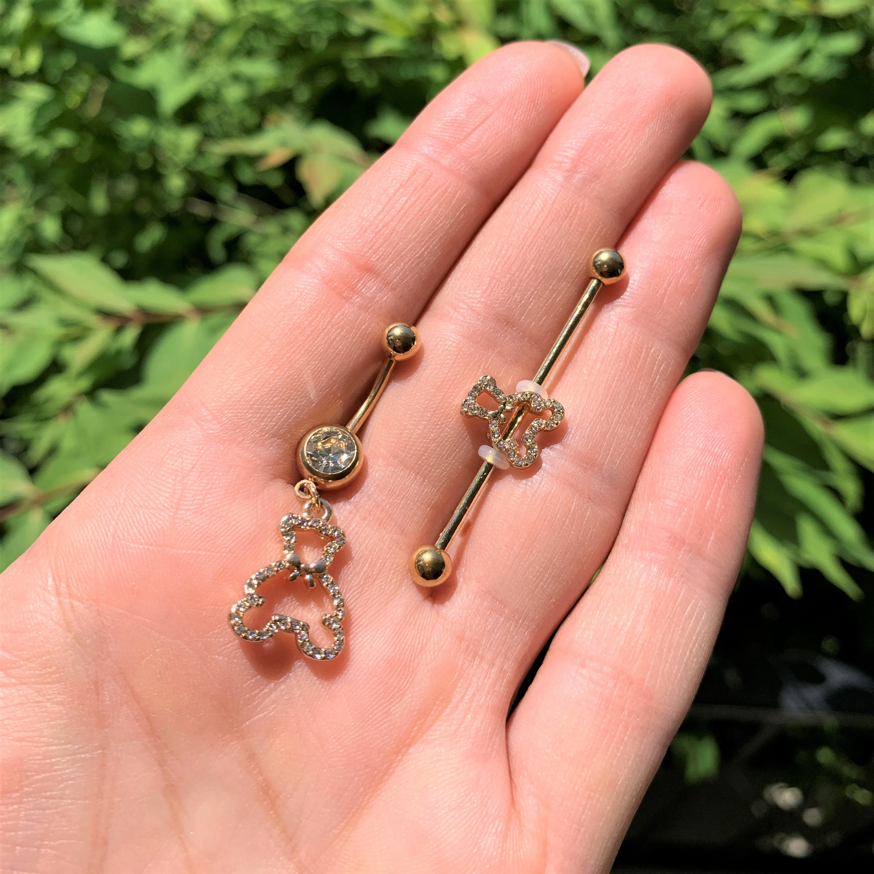 14G Clear Gem Gold Tone Hollow Bear Industrial Barbell 38mm - Image 2