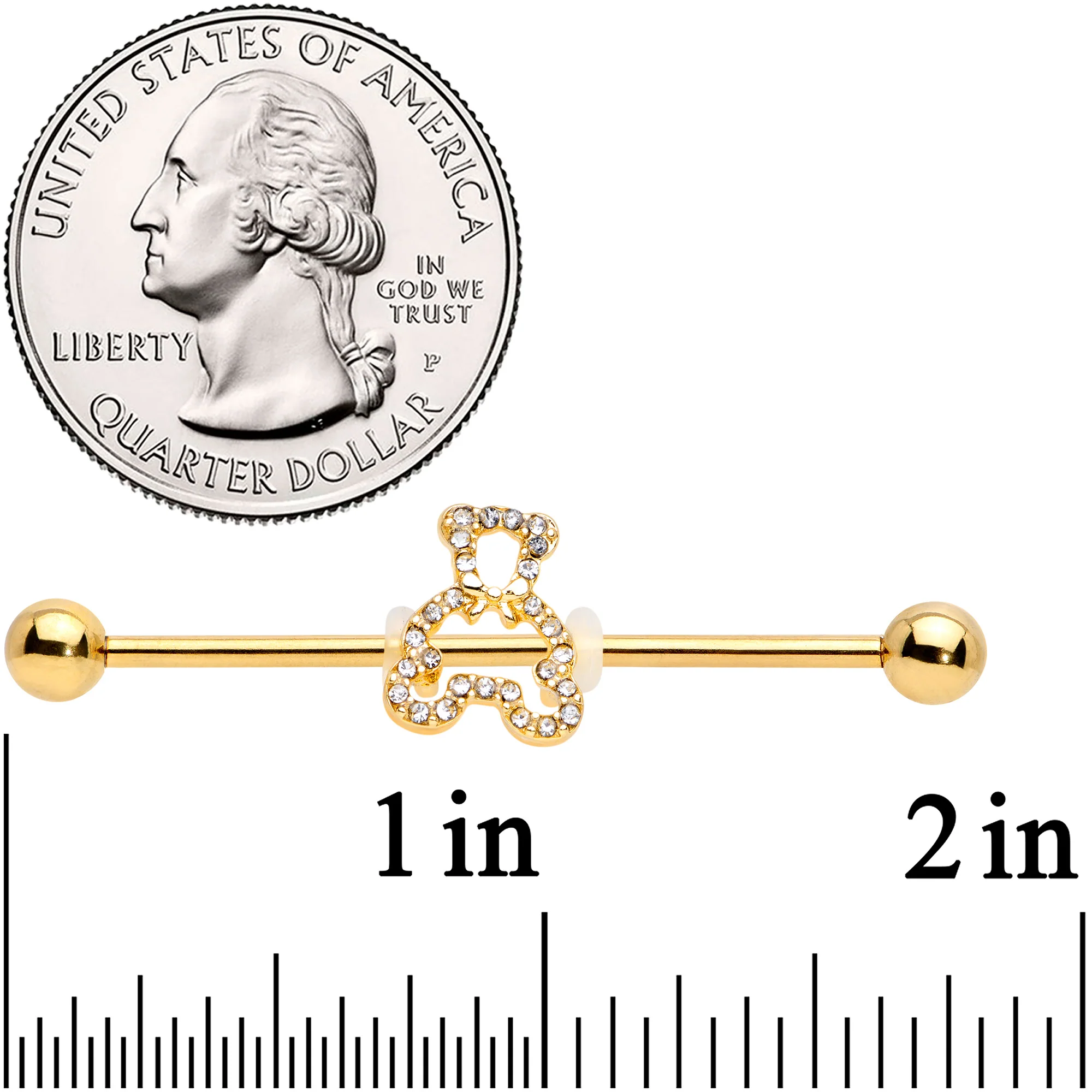 14G Clear Gem Gold Tone Hollow Bear Industrial Barbell 38mm - Image 3