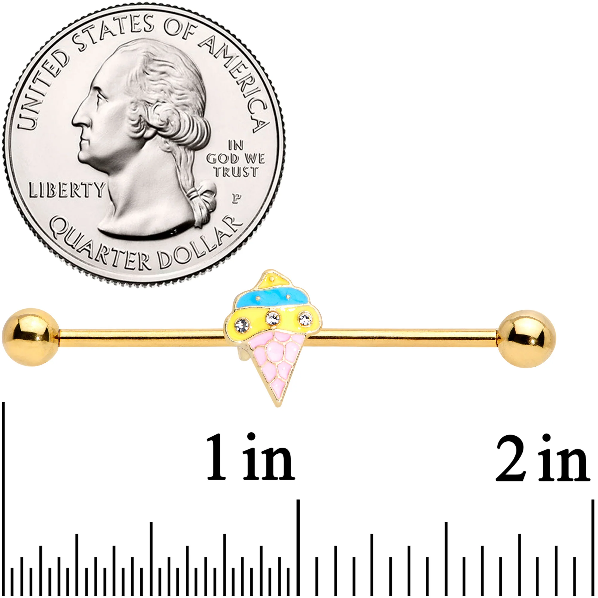 14G Clear Gem Gold Tone Ice Cream Cone Industrial Barbell 38mm - Image 4