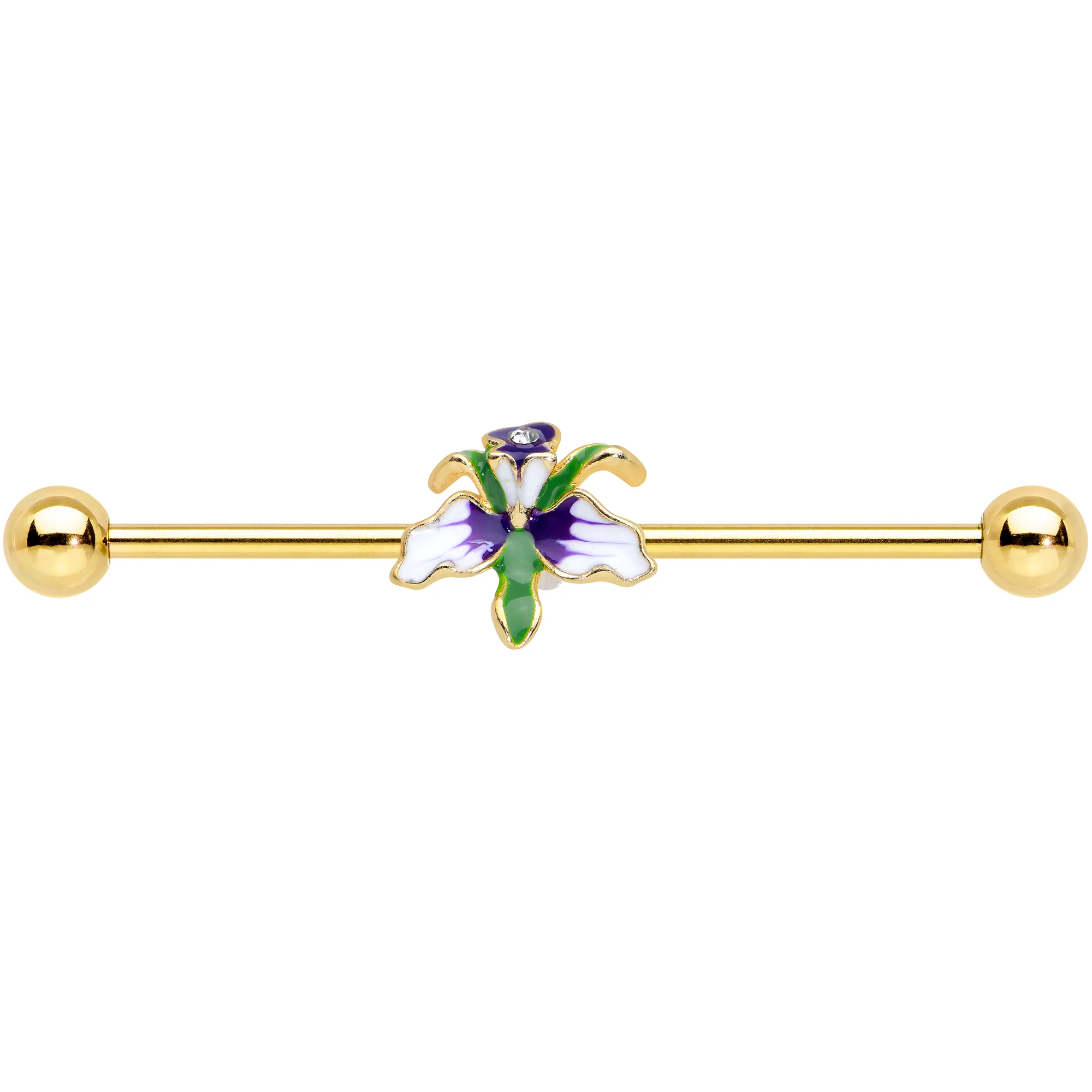 14G Clear Gem Gold Tone Iris Flower Industrial Barbell 38mm - Image 2