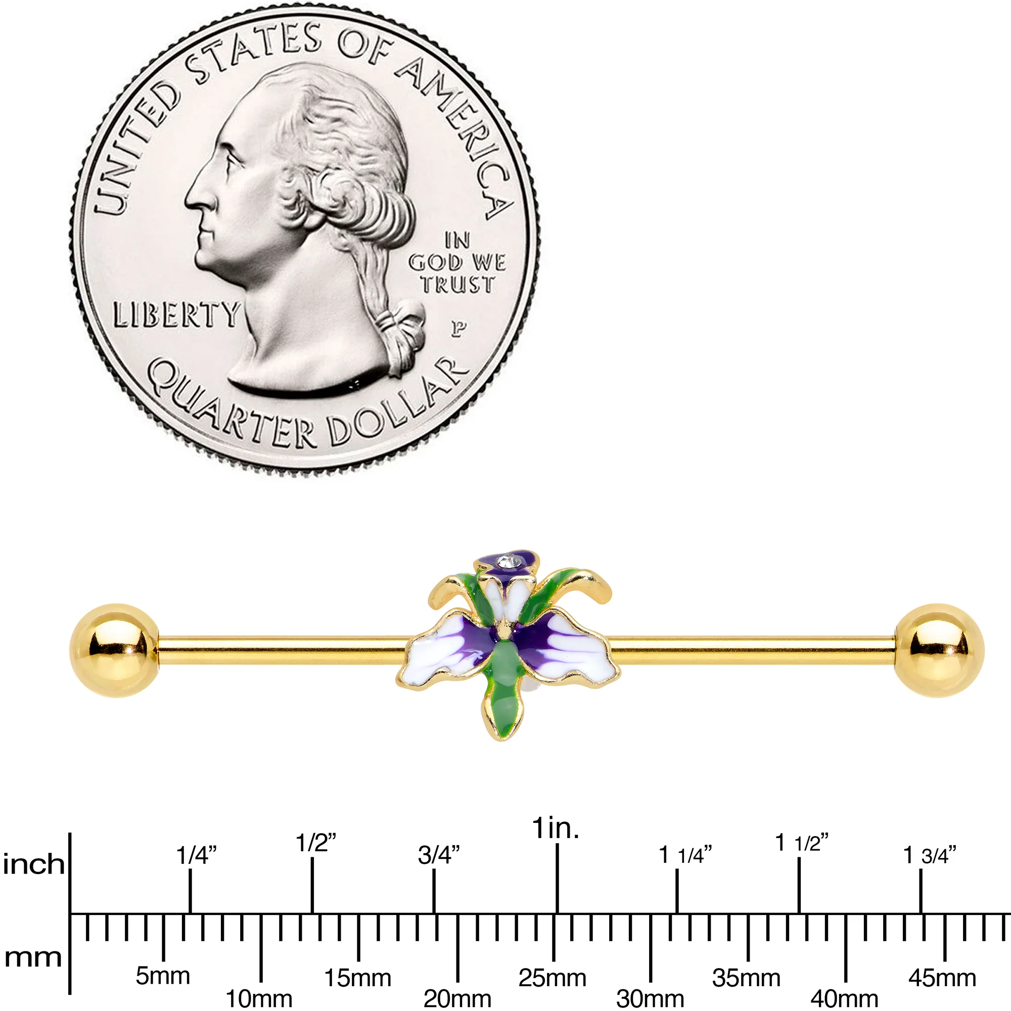 14G Clear Gem Gold Tone Iris Flower Industrial Barbell 38mm - Image 3