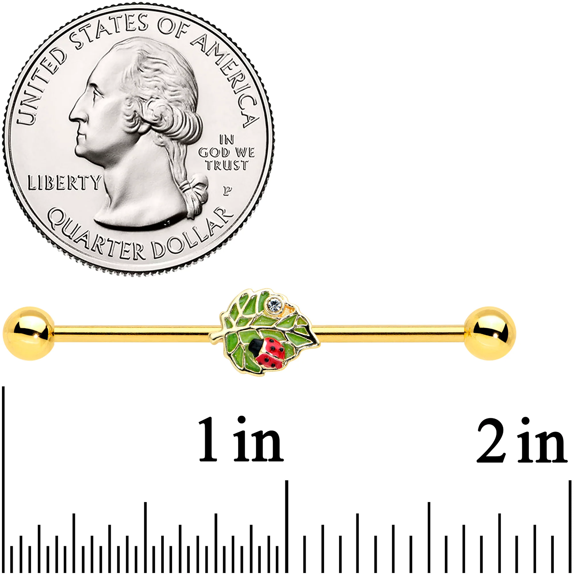 14G Clear Gem Gold Tone Leafy Ladybug Industrial Barbell 38mm - Image 2
