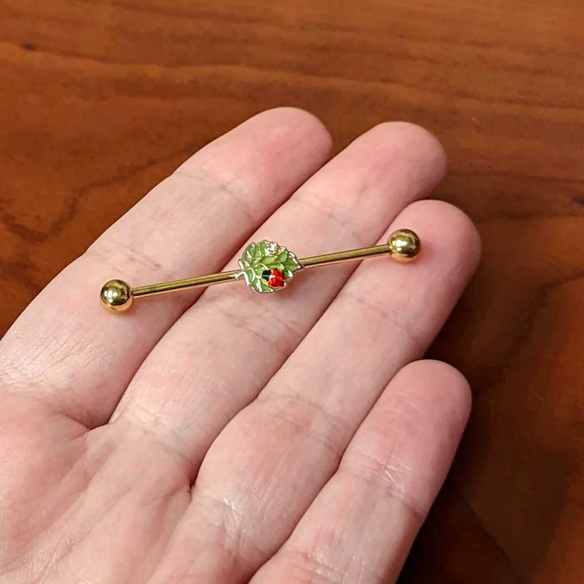 14G Clear Gem Gold Tone Leafy Ladybug Industrial Barbell 38mm - Image 3