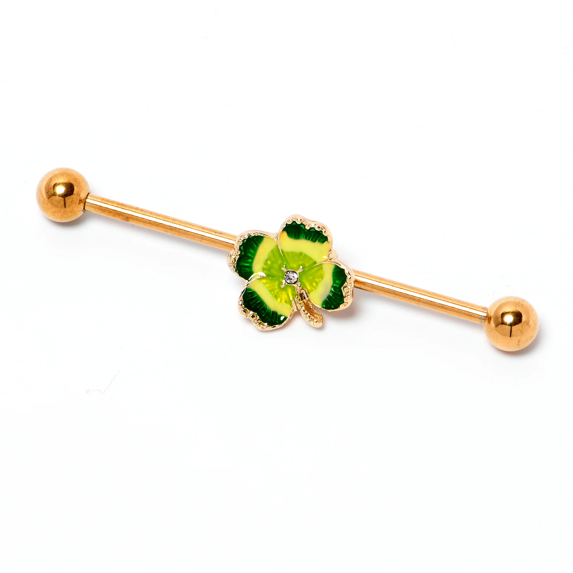 14G Clear Gem Gold Tone Lucky Shamrock Industrial Barbell 38mm - Image 3