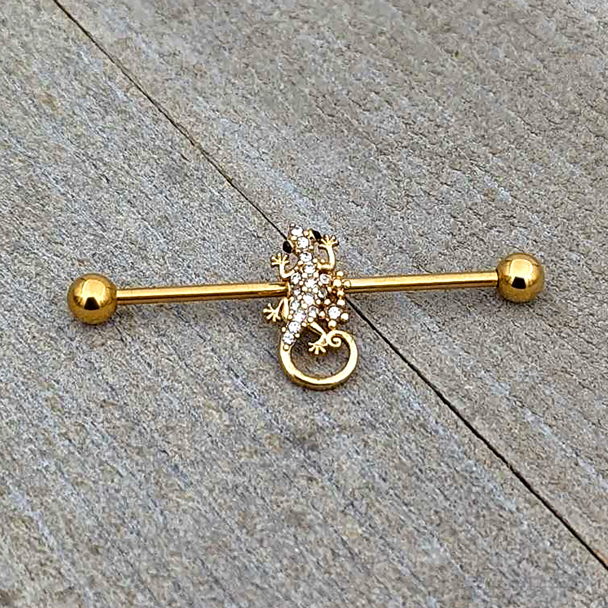 14G Clear Gem Gold Tone Luscious Lizard Industrial Barbell 38mm - Image 5