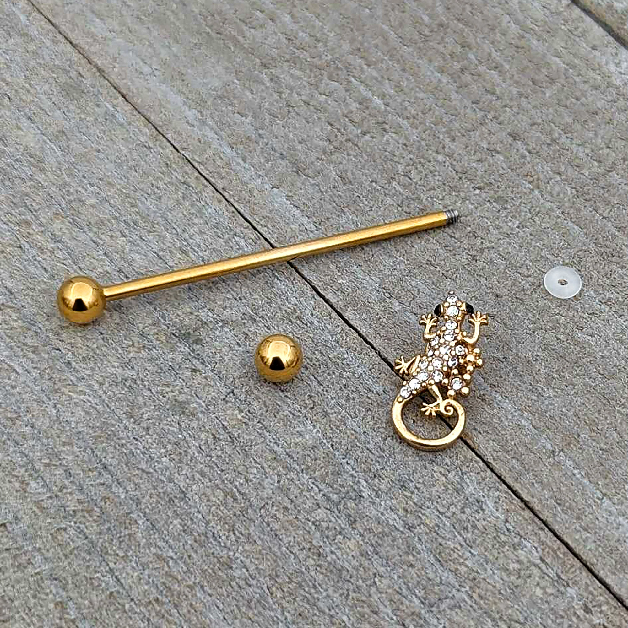 14G Clear Gem Gold Tone Luscious Lizard Industrial Barbell 38mm - Image 6