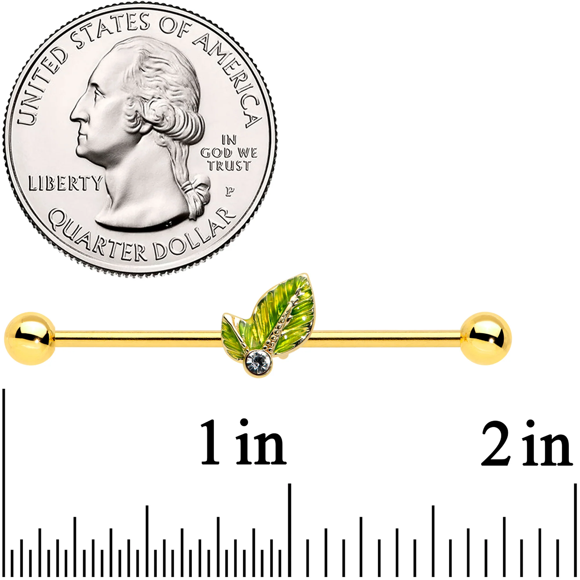 14G Clear Gem Gold Tone Lush Green Leaves Industrial Barbell 38mm - Image 2