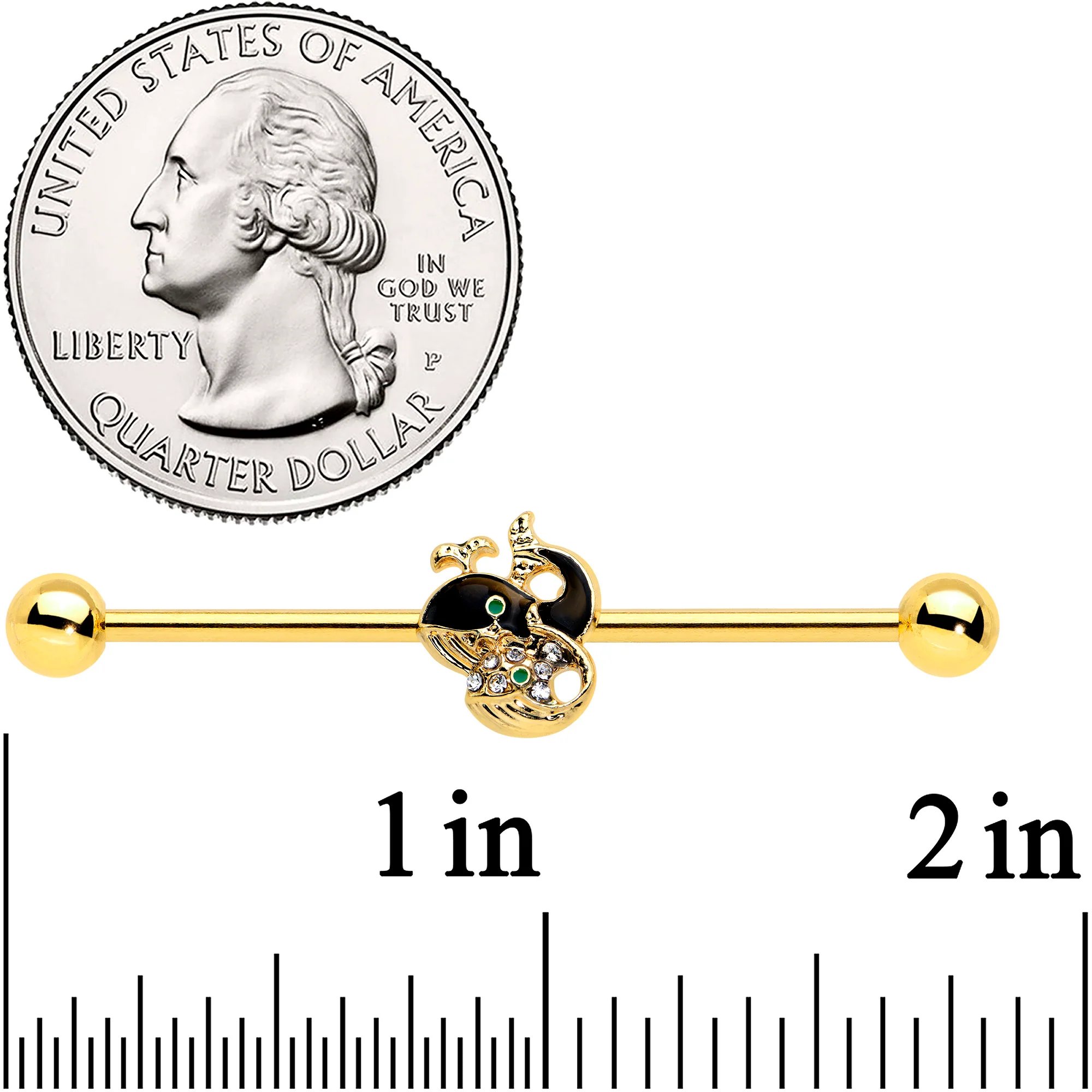 14G Clear Gem Gold Tone Mom Baby Whale Industrial Barbell 38mm - Image 2