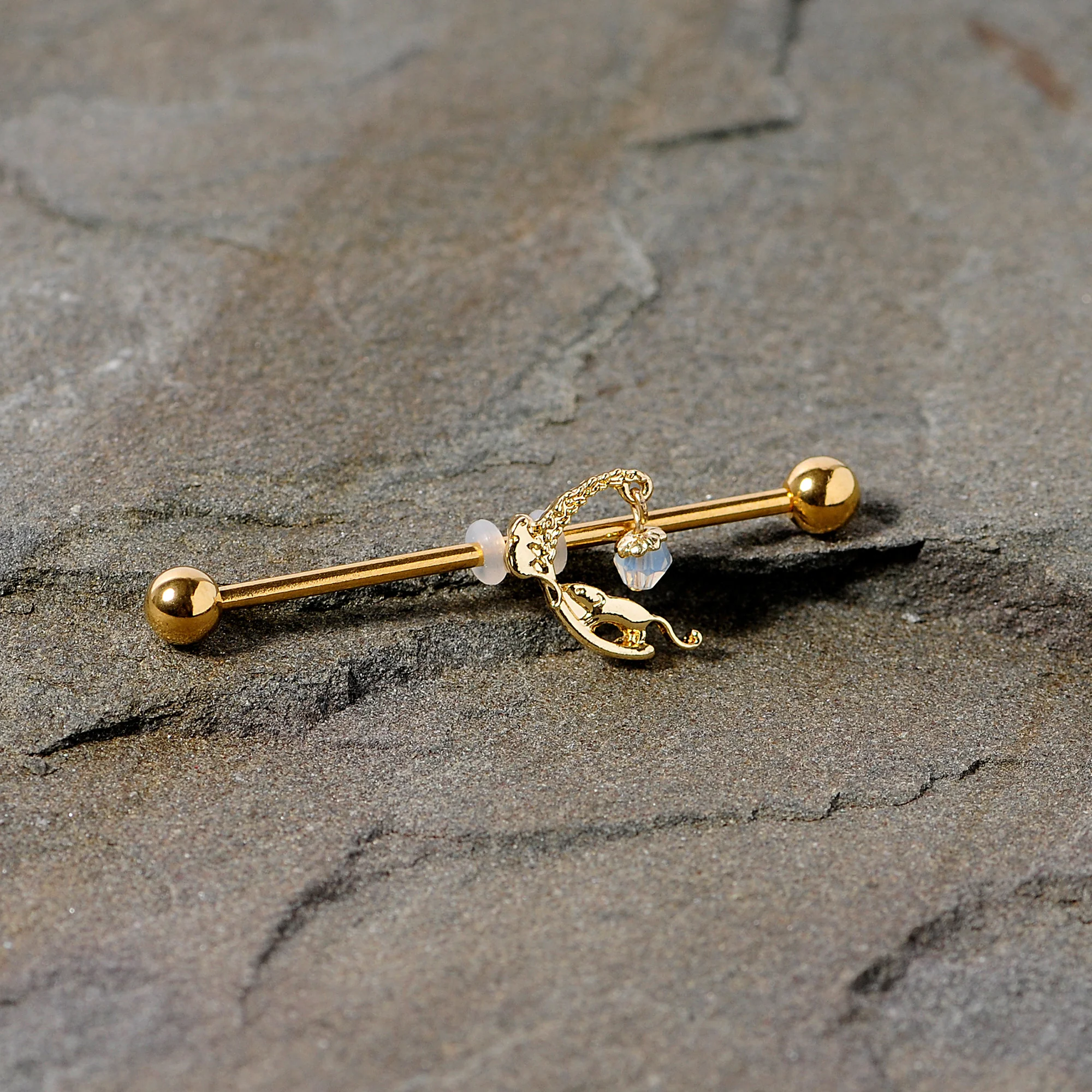 14G Clear Gem Gold Tone Mouse Moon Industrial Barbell 38mm - Image 2
