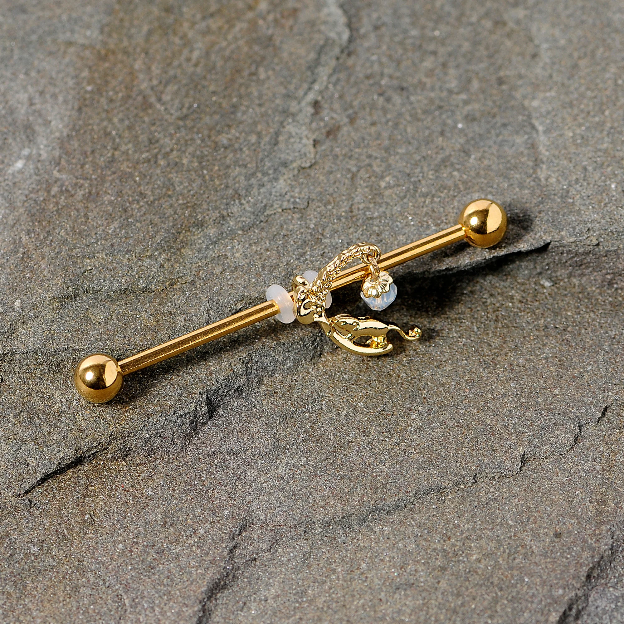 14G Clear Gem Gold Tone Mouse Moon Industrial Barbell 38mm - Image 3