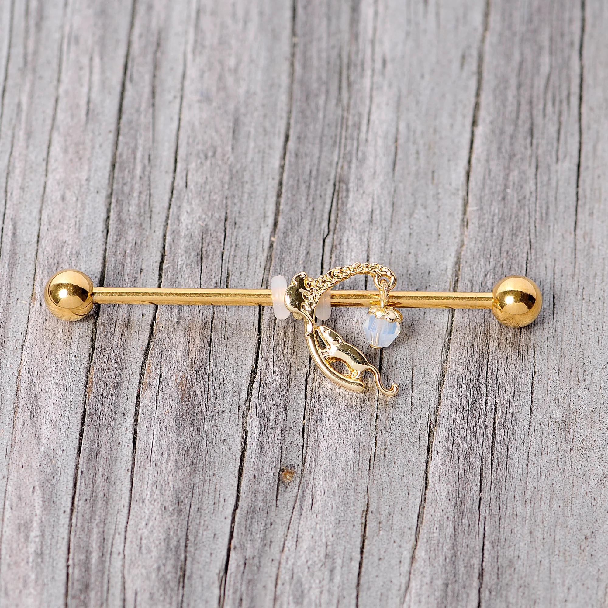 14G Clear Gem Gold Tone Mouse Moon Industrial Barbell 38mm - Image 4