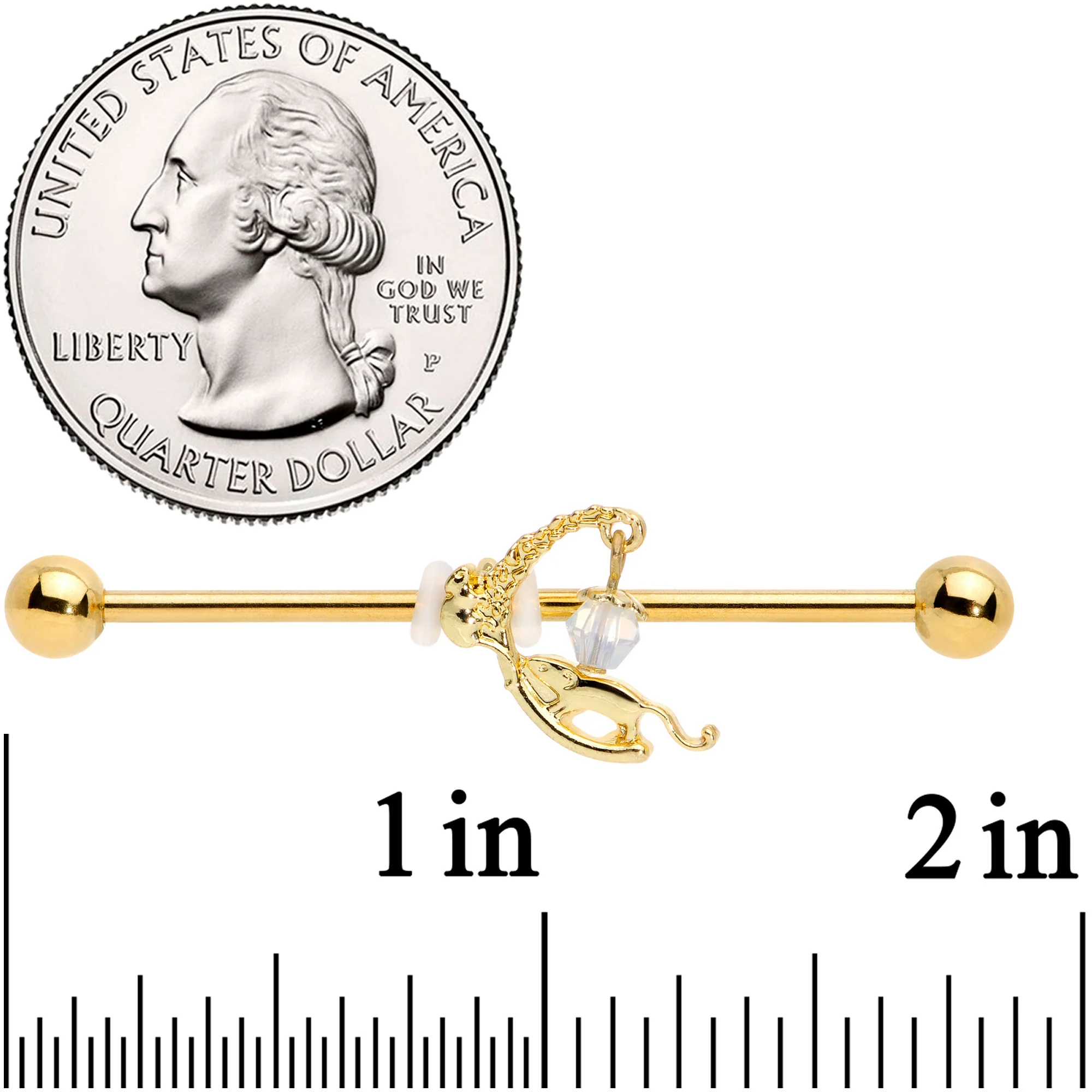 14G Clear Gem Gold Tone Mouse Moon Industrial Barbell 38mm - Image 5