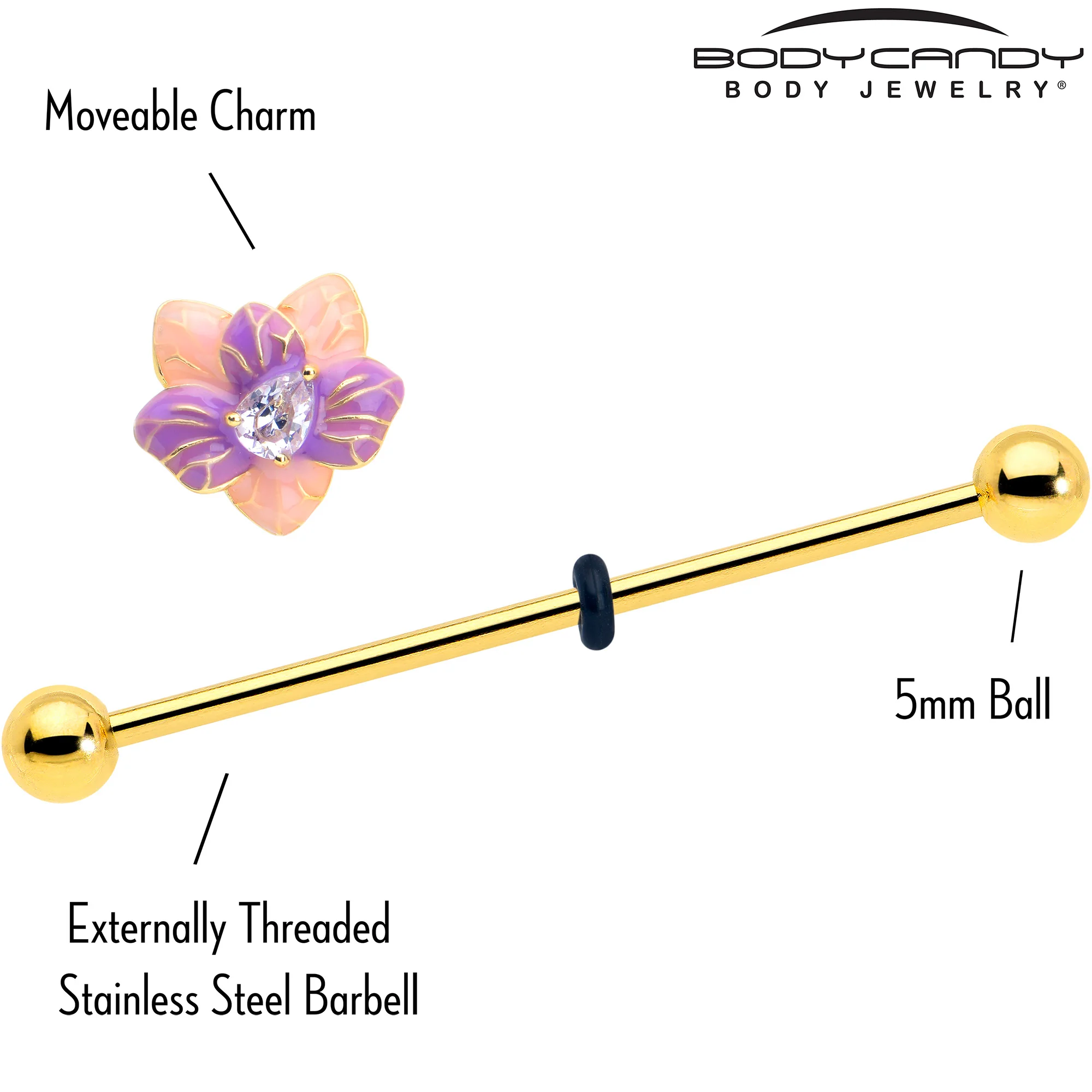 14G Clear Gem Gold Tone Pastel Flower Industrial Barbell 38mm - Image 3