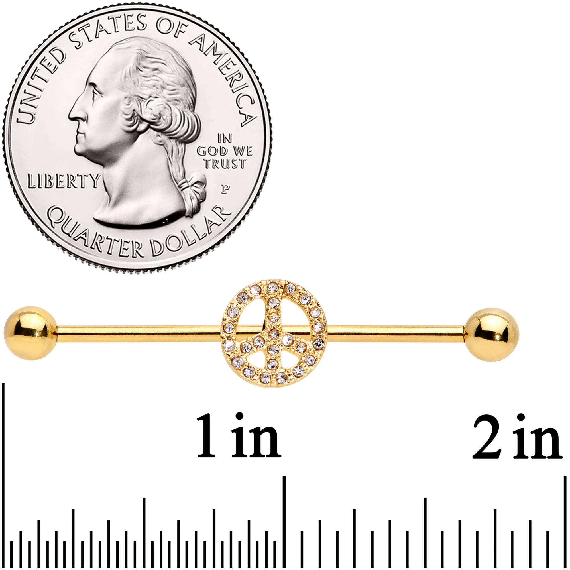 14G Clear Gem Gold Tone Peace Sign Industrial Barbell 38mm - Image 2