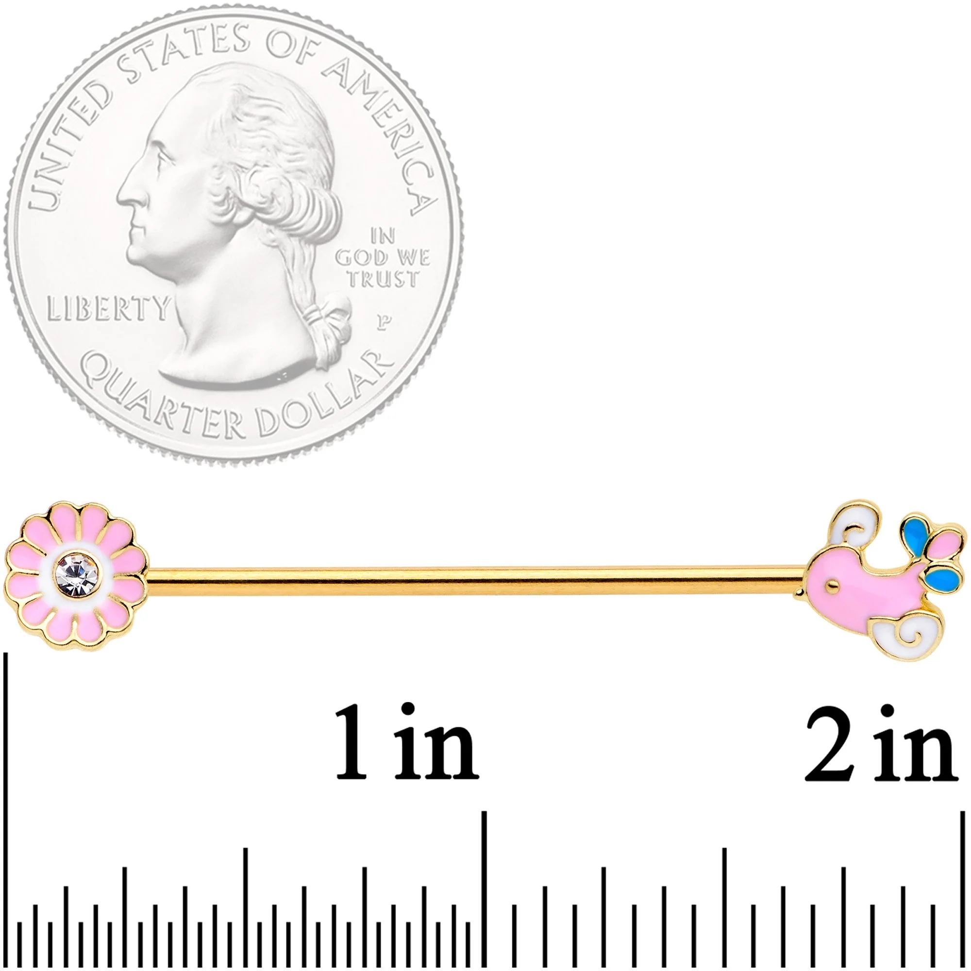 14G Clear Gem Gold Tone Pink Bird Flower Industrial Barbell 38mm - Image 2