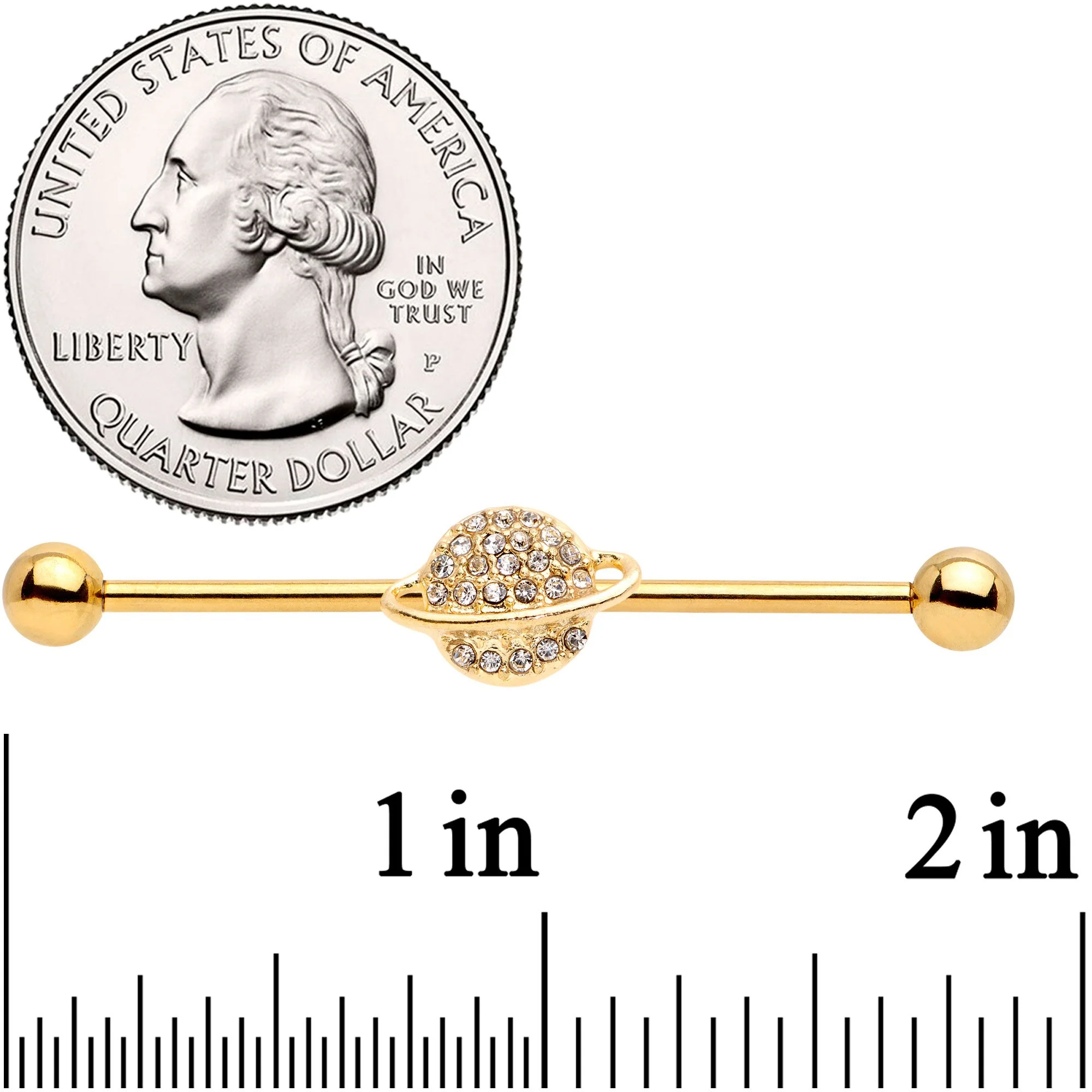 14G Clear Gem Gold Tone Planet Saturn Industrial Barbell 38mm - Image 2