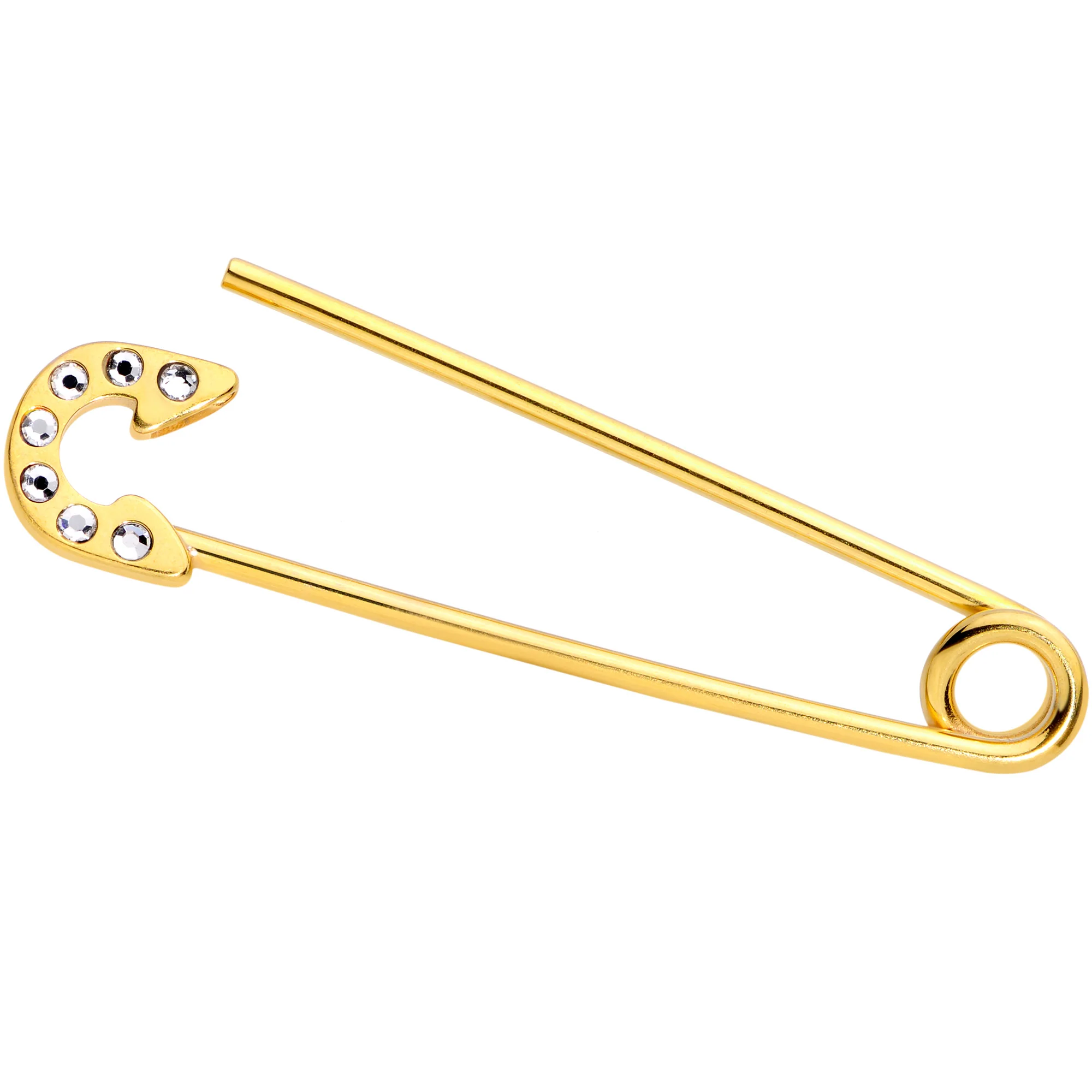 14G Clear Gem Gold Tone Punk Safety Pin Industrial Barbell 38mm - Image 2