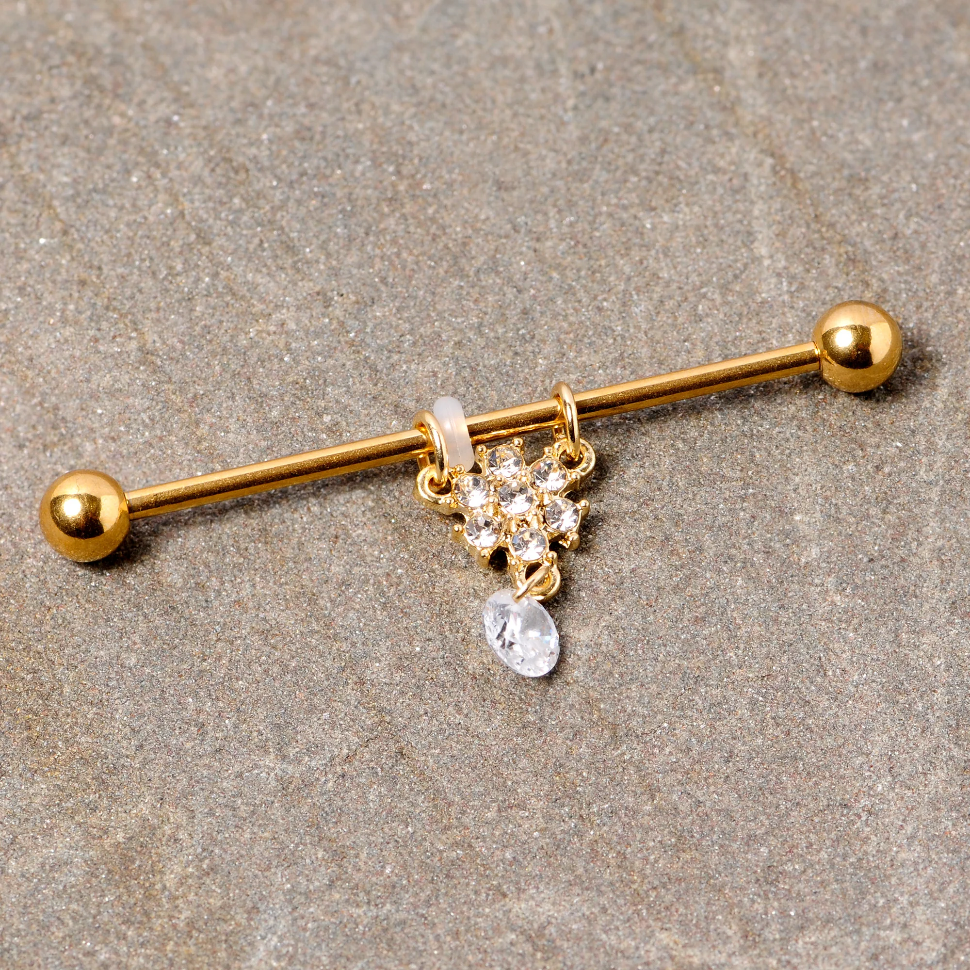 14G Clear Gem Gold Tone Regal Crest Dangle Industrial Barbell 38mm - Image 2