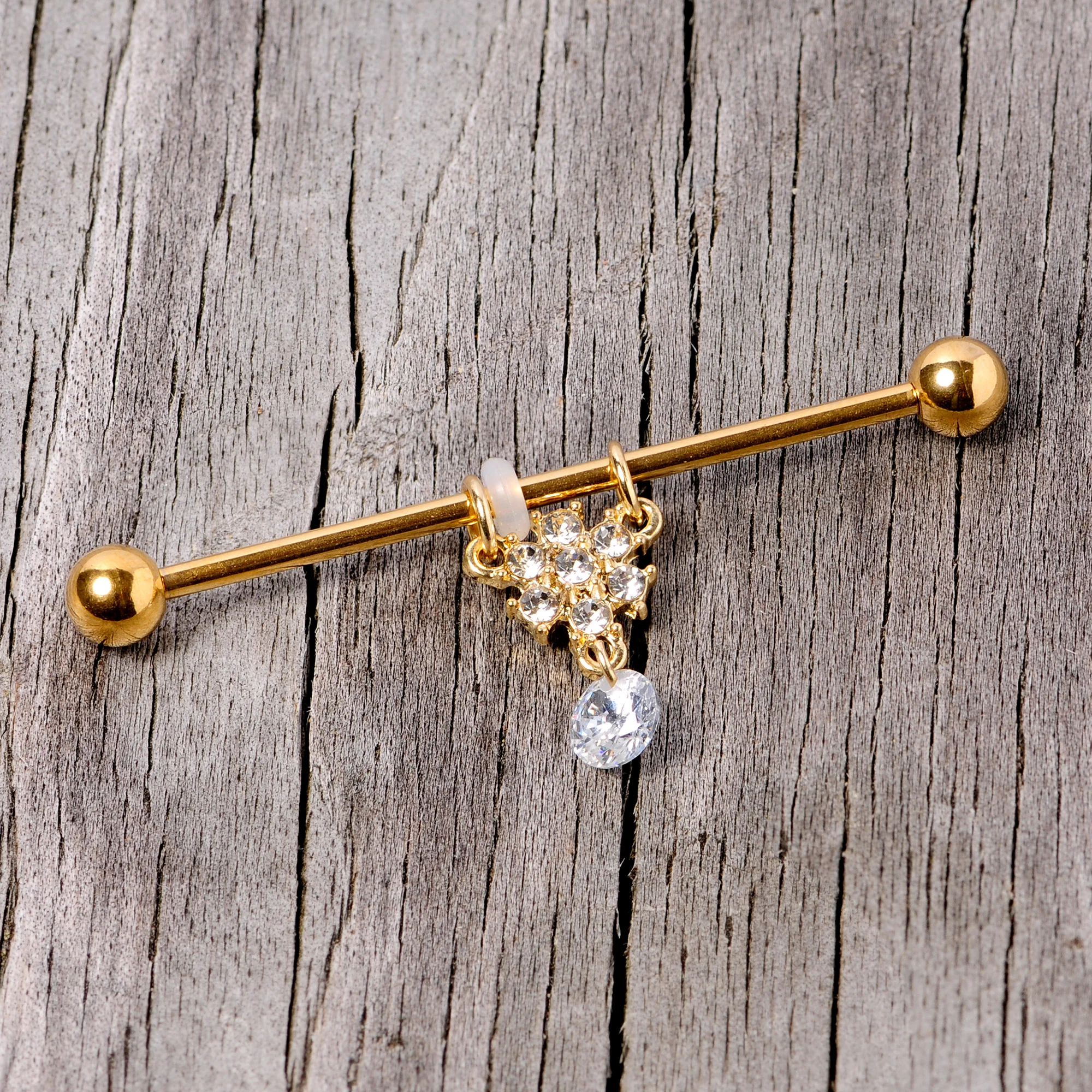 14G Clear Gem Gold Tone Regal Crest Dangle Industrial Barbell 38mm - Image 3