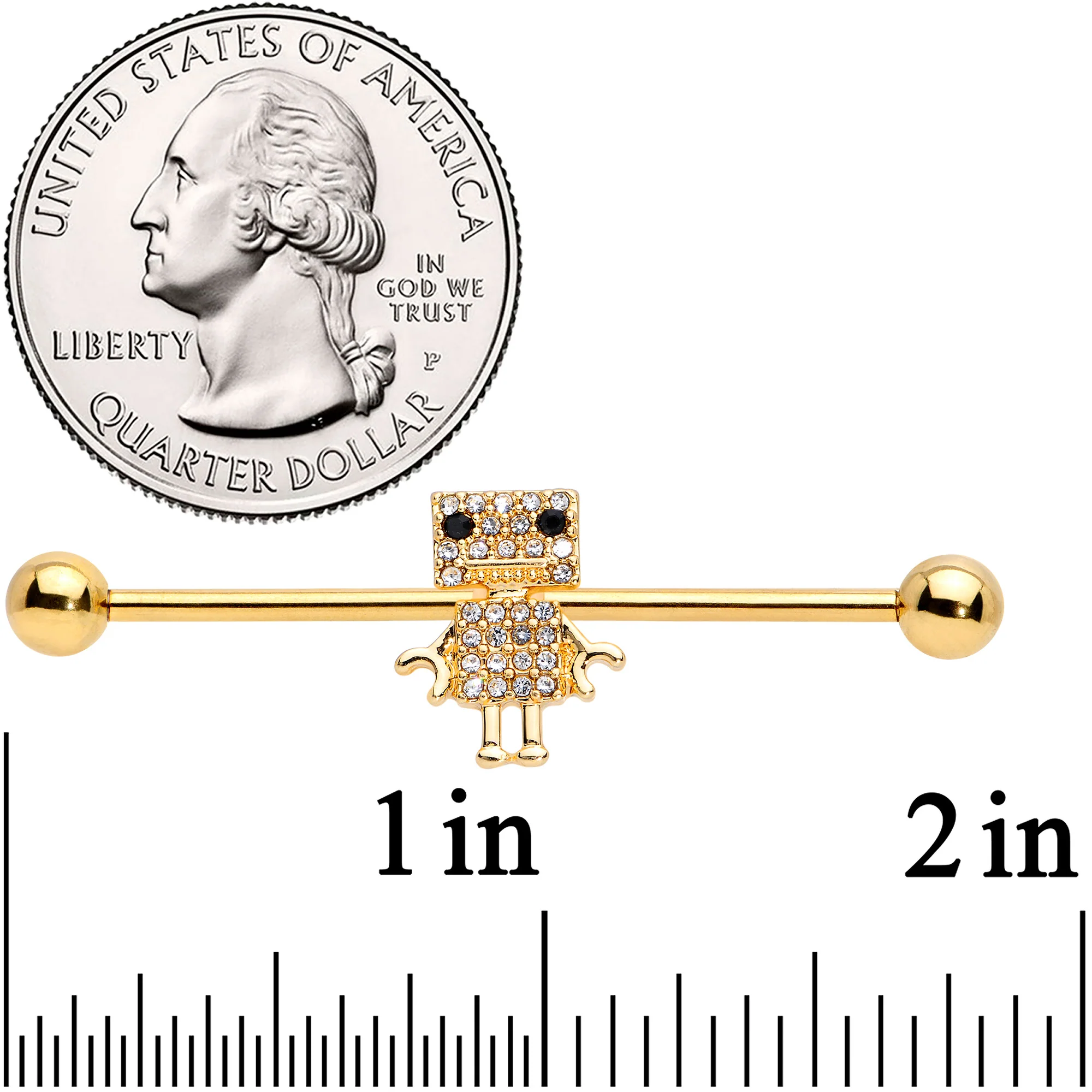 14G Clear Gem Gold Tone Ritzy Robot Industrial Barbell 38mm - Image 2
