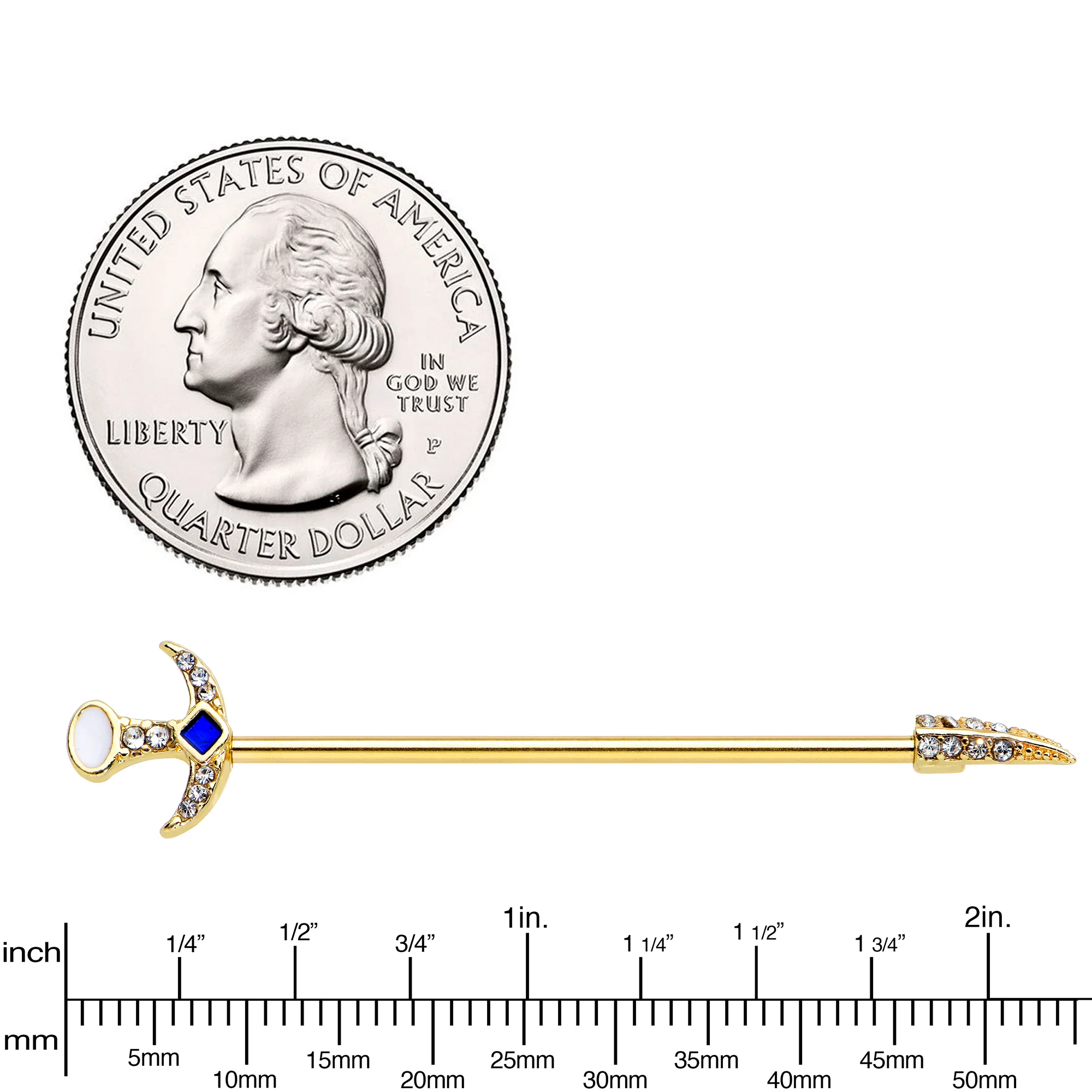 14G Clear Gem Gold Tone Sabre Sword Industrial Barbell 38mm - Image 3