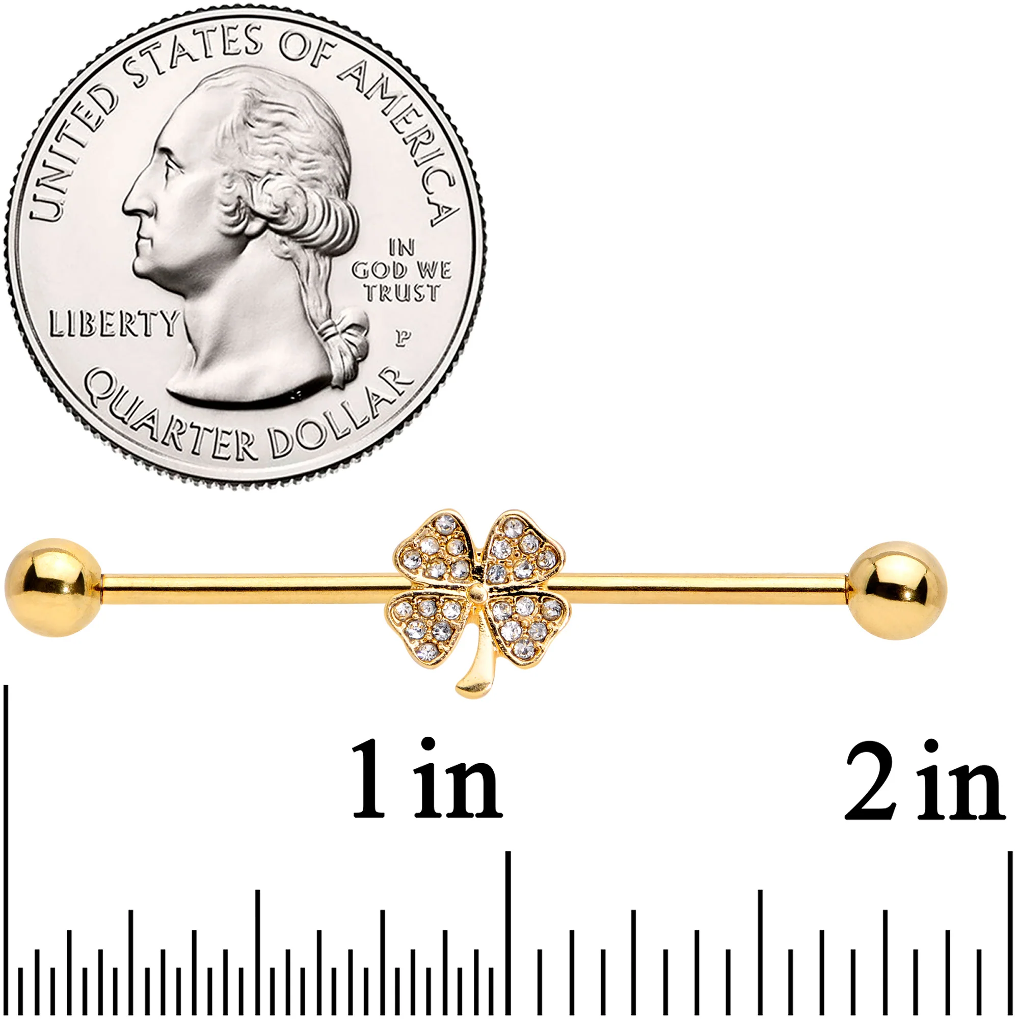 14G Clear Gem Gold Tone Shamrock Industrial Barbell 38mm - Image 2