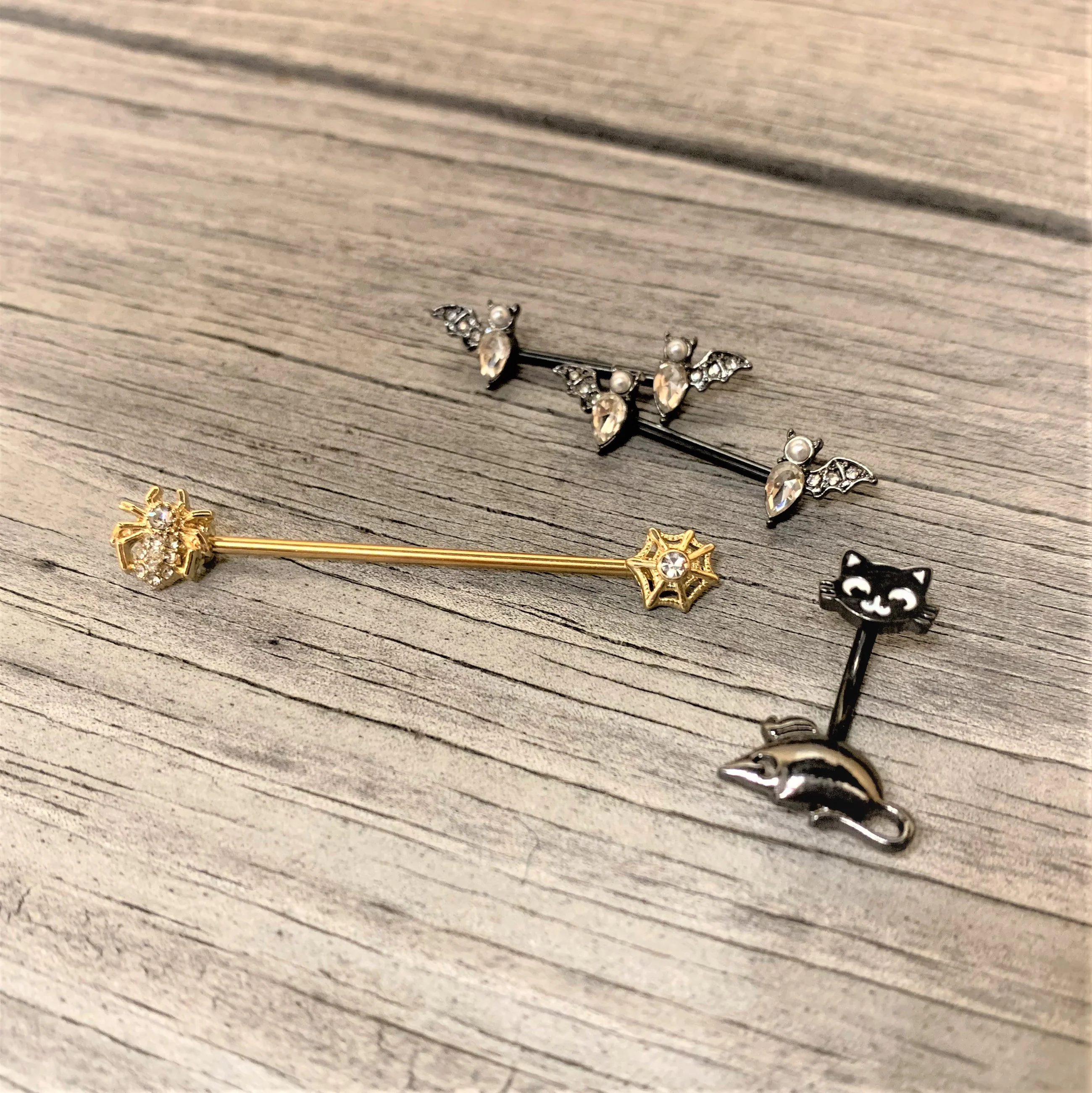 14G Clear Gem Gold Tone Spider Halloween Industrial Barbell 38mm - Image 2