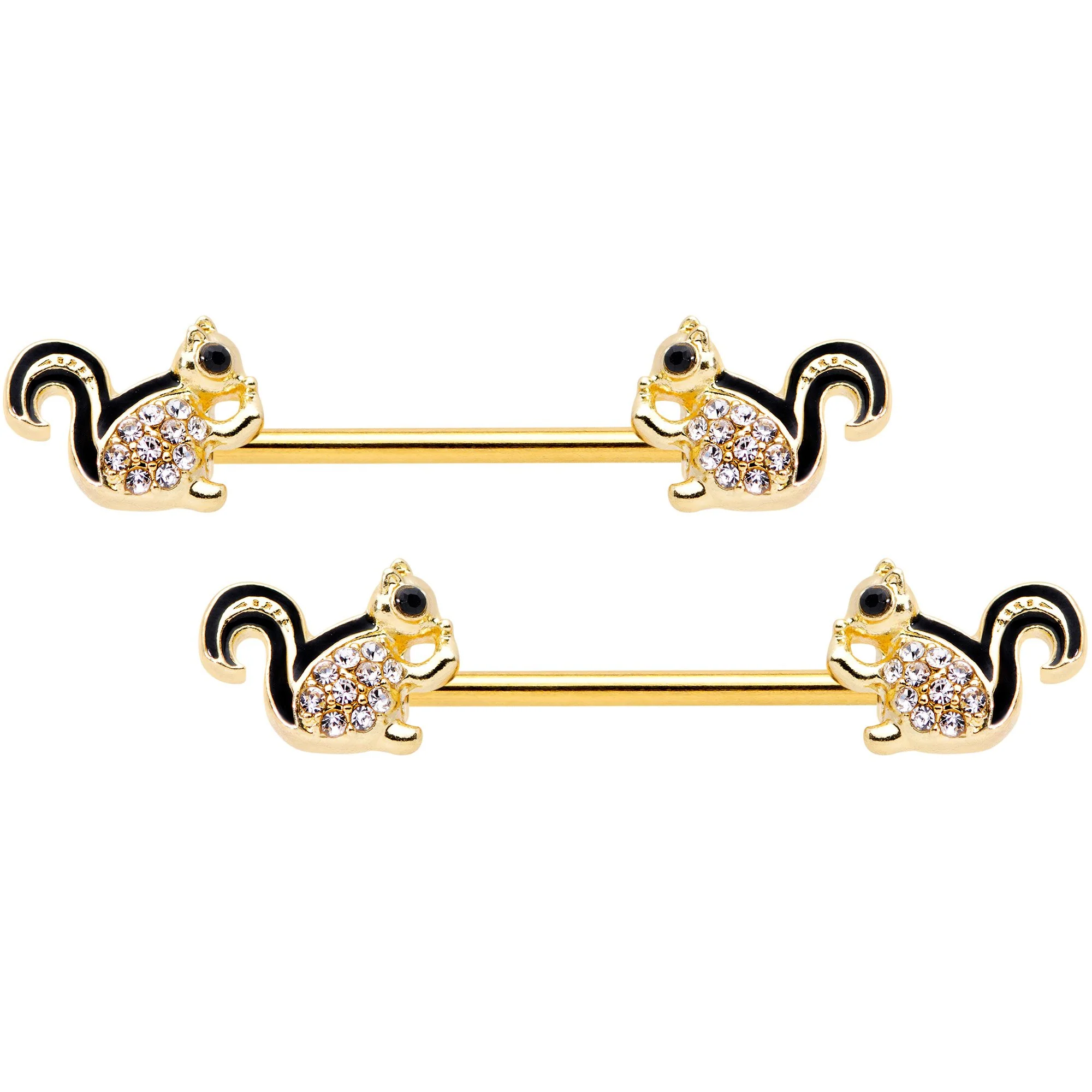 14G Clear Gem Gold Tone Squirrel BCR Barbell Nipple Ring Set of 4 - Image 2