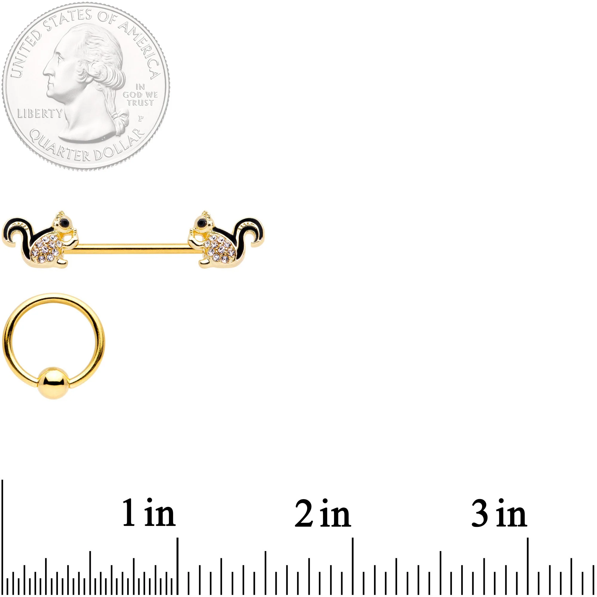 14G Clear Gem Gold Tone Squirrel BCR Barbell Nipple Ring Set of 4 - Image 4