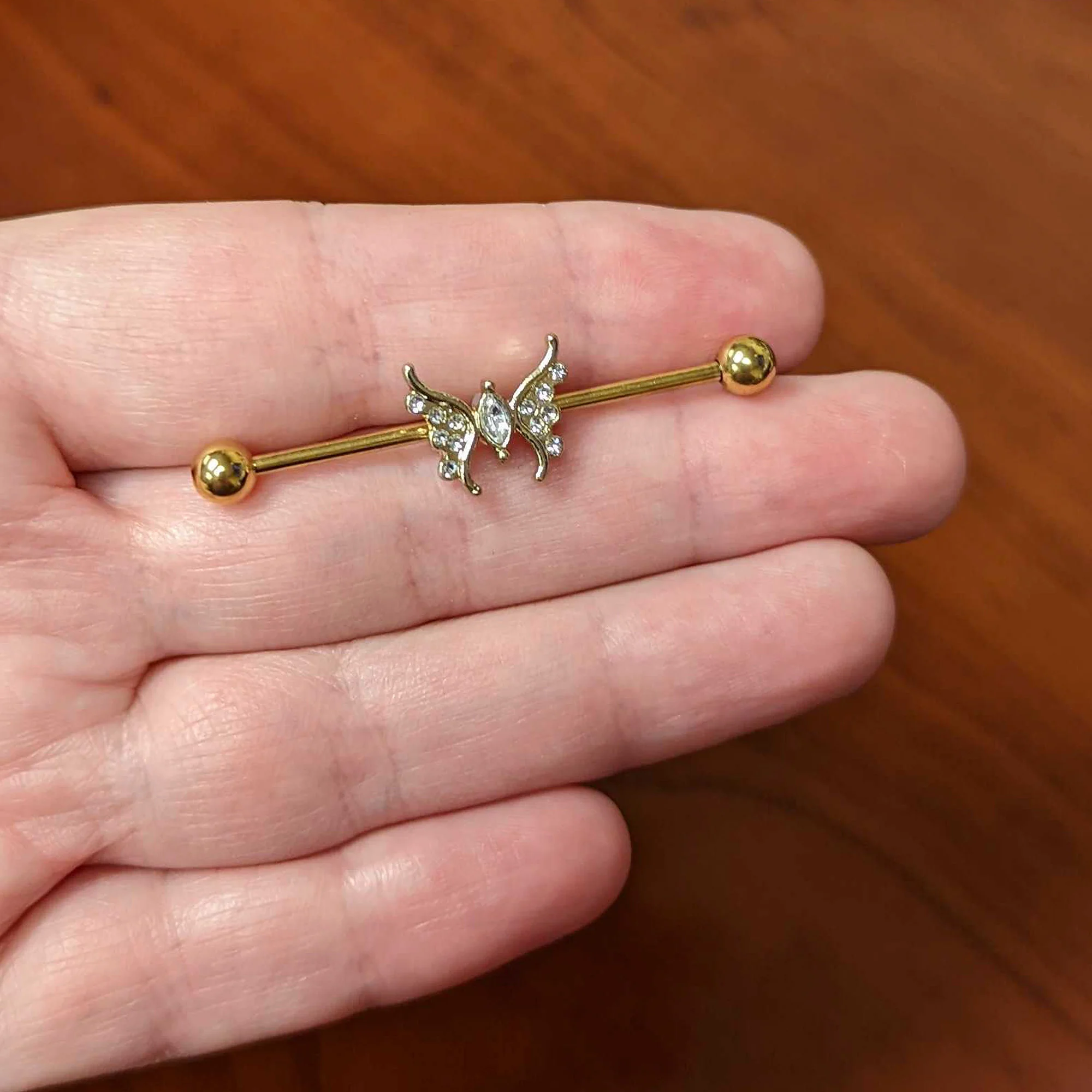 14G Clear Gem Gold Tone Swirl Butterfly Industrial Barbell 38mm - Image 3