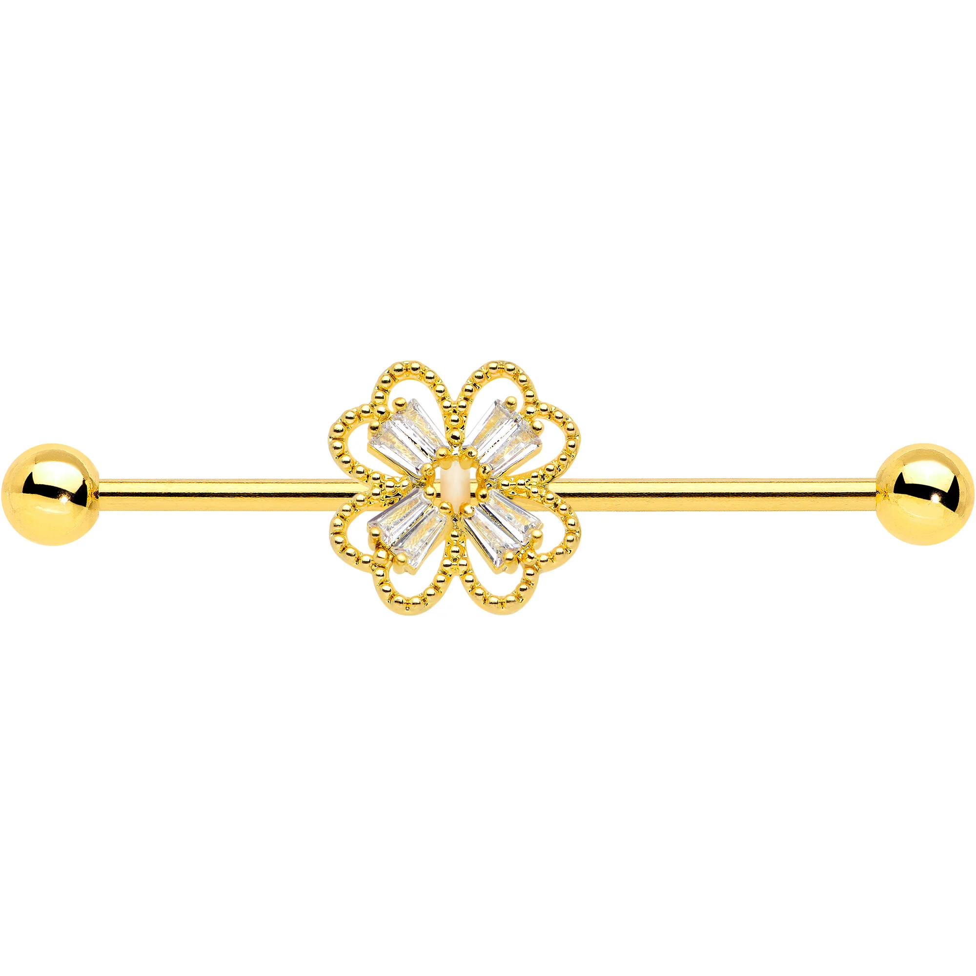 14G Clear Gem Gold Tone Textured Cross Industrial Barbell 38mm - Image 2