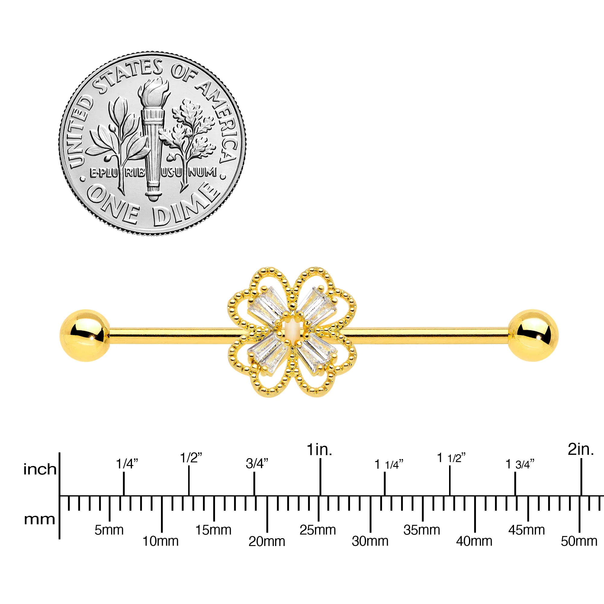 14G Clear Gem Gold Tone Textured Cross Industrial Barbell 38mm - Image 3