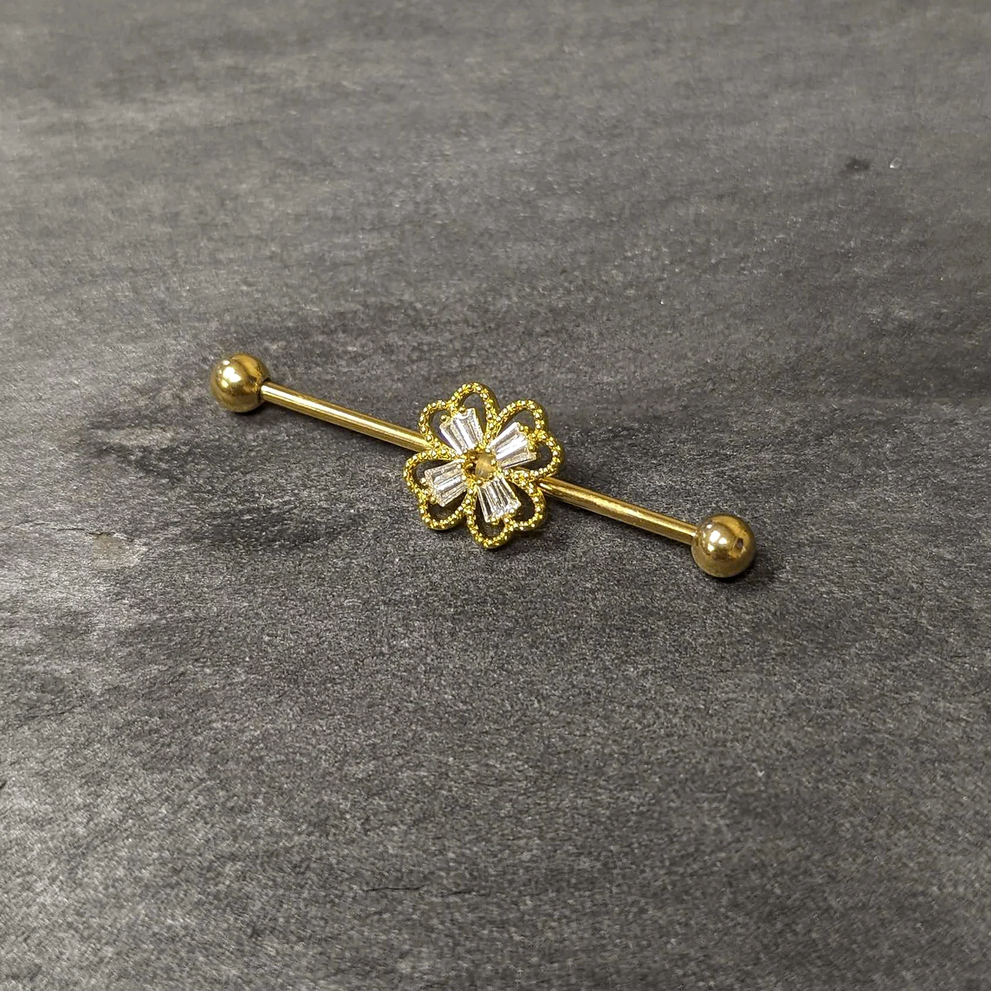 14G Clear Gem Gold Tone Textured Cross Industrial Barbell 38mm - Image 4
