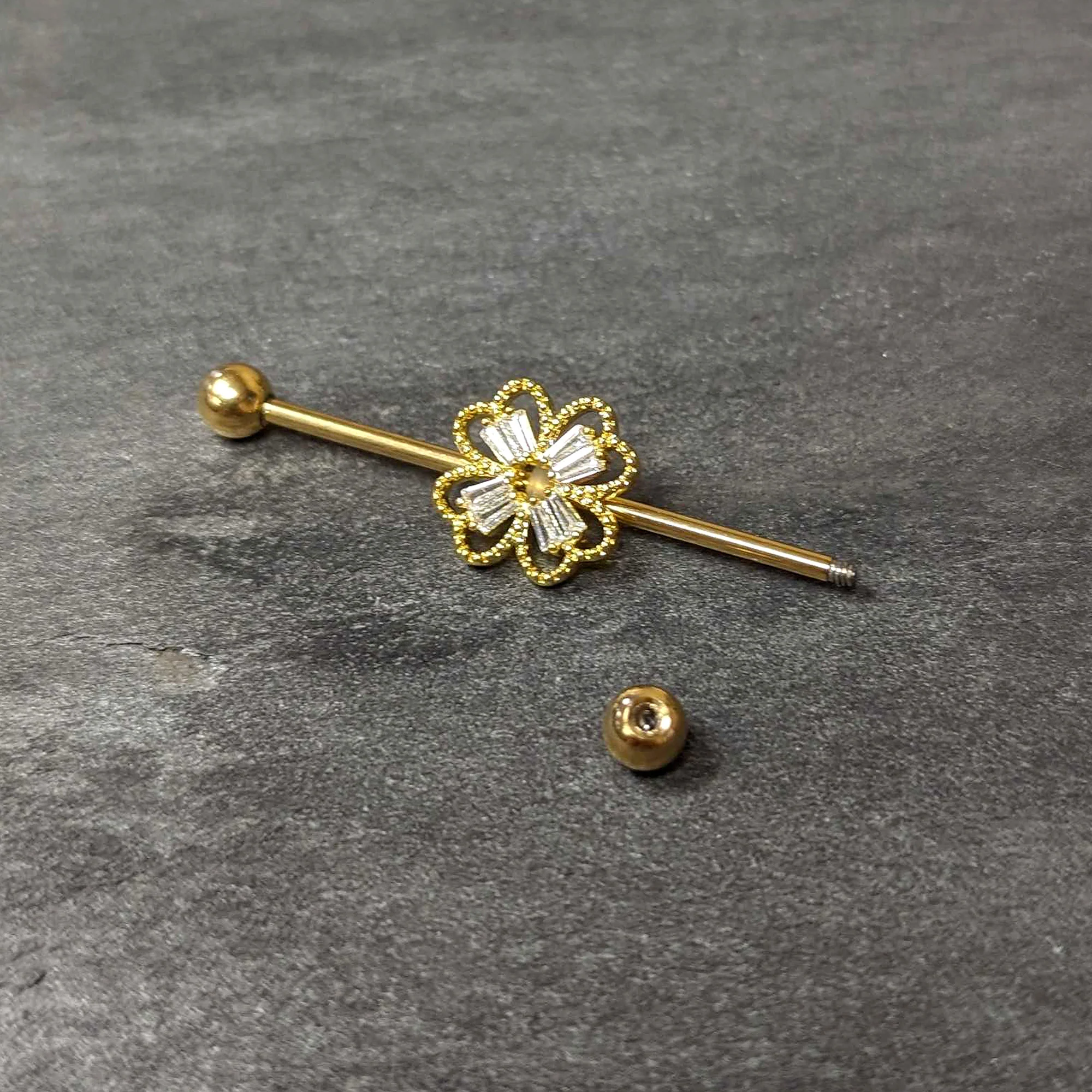 14G Clear Gem Gold Tone Textured Cross Industrial Barbell 38mm - Image 5