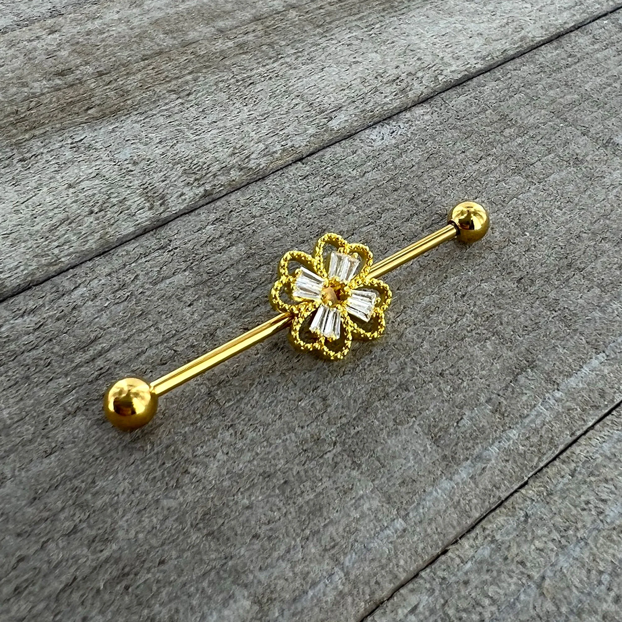 14G Clear Gem Gold Tone Textured Cross Industrial Barbell 38mm - Image 6