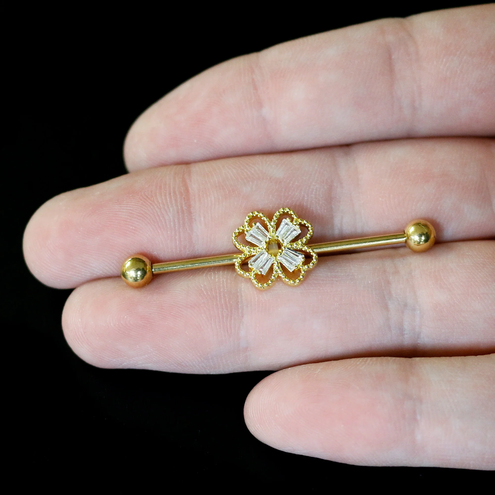 14G Clear Gem Gold Tone Textured Cross Industrial Barbell 38mm - Image 7
