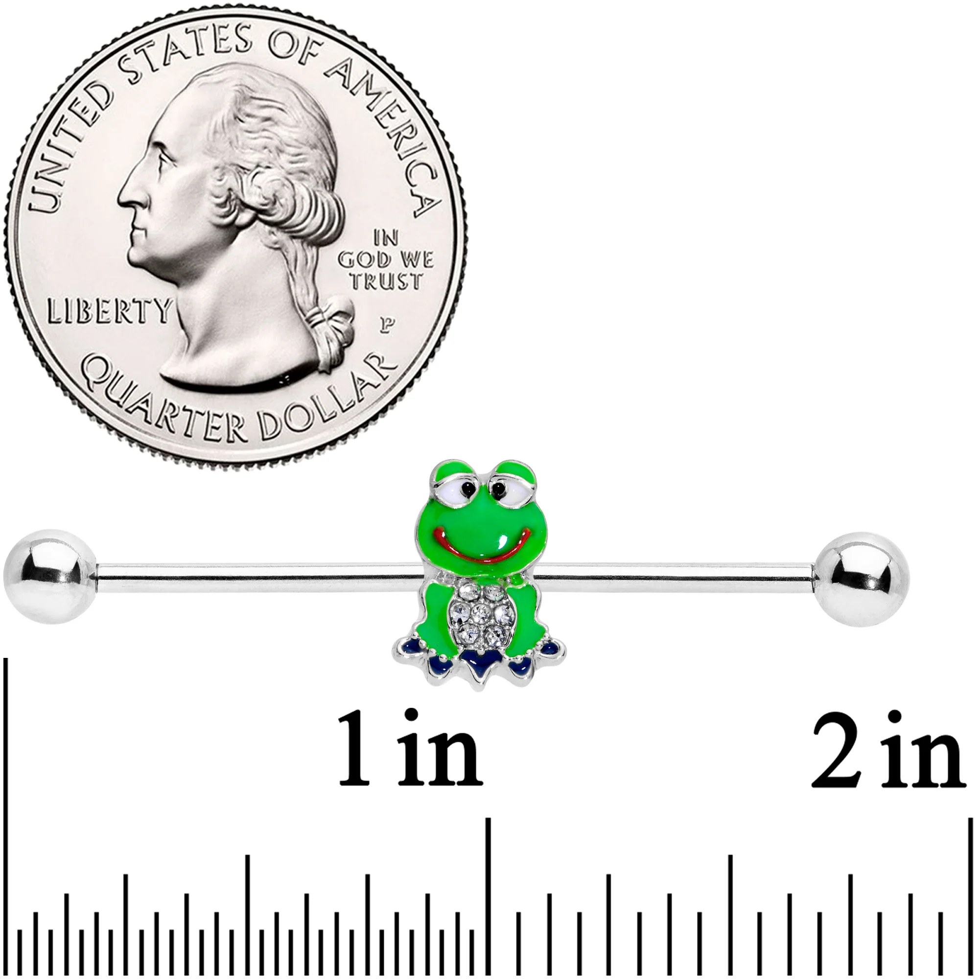 14G Clear Gem Green Goofy Frog Industrial Barbell 38mm - Image 2