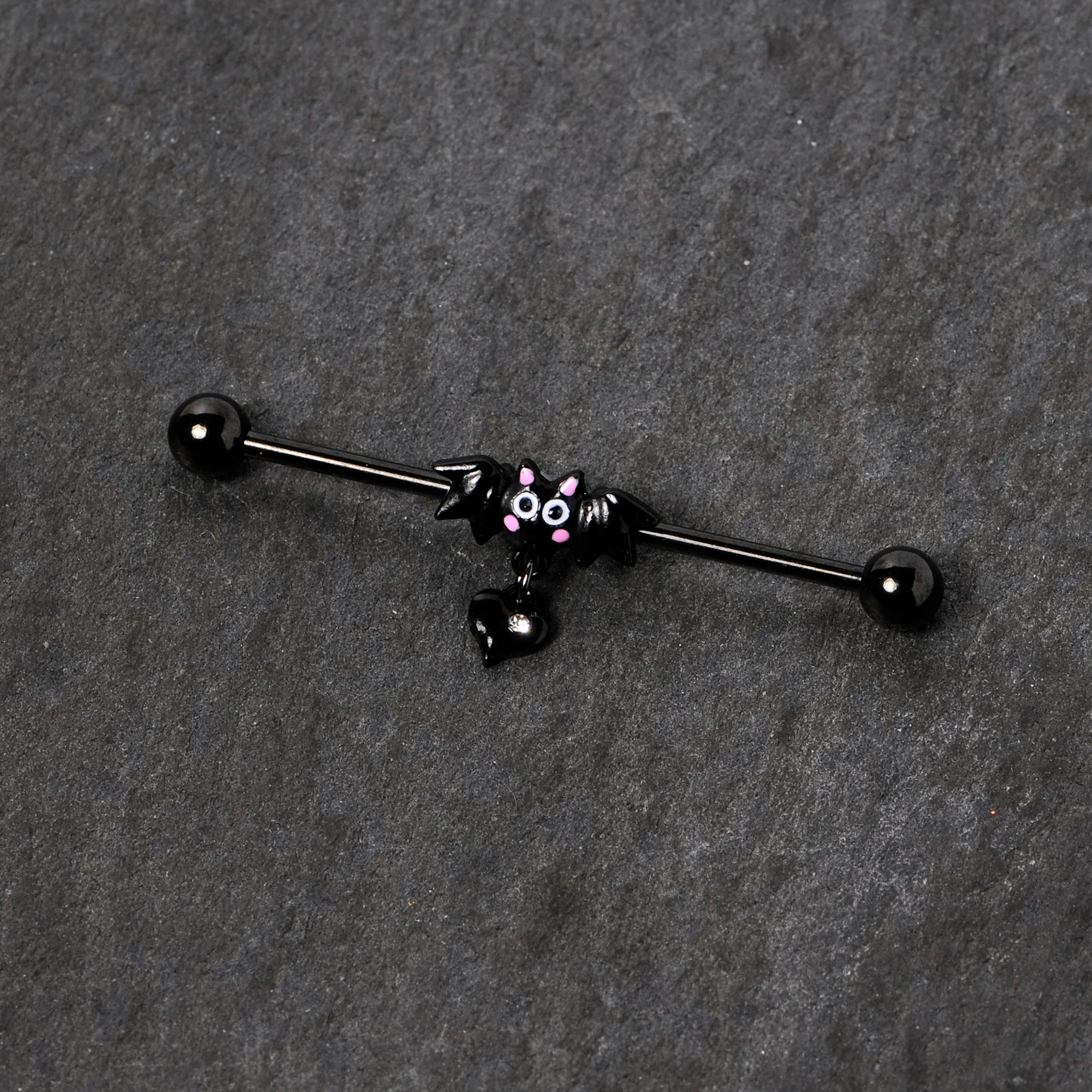 14G Clear Gem Heart Bat Halloween Dangle Industrial Barbell 38mm - Image 2