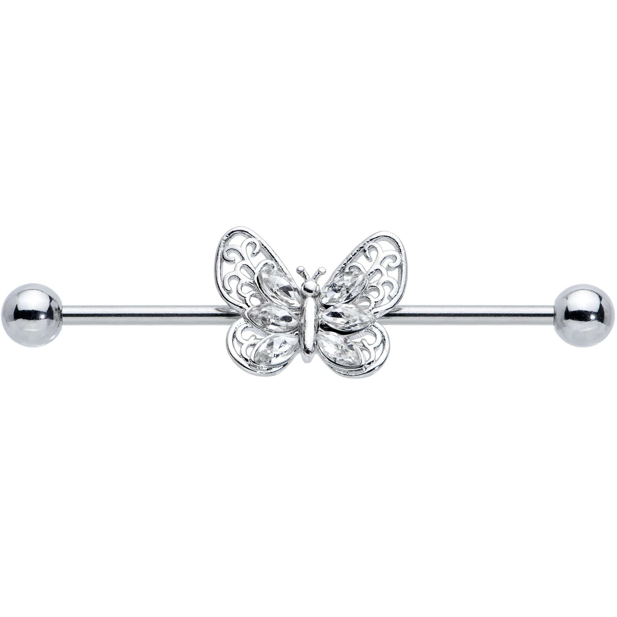 14G Clear Gem Lacy Butterfly Industrial Barbell 38mm - Image 2