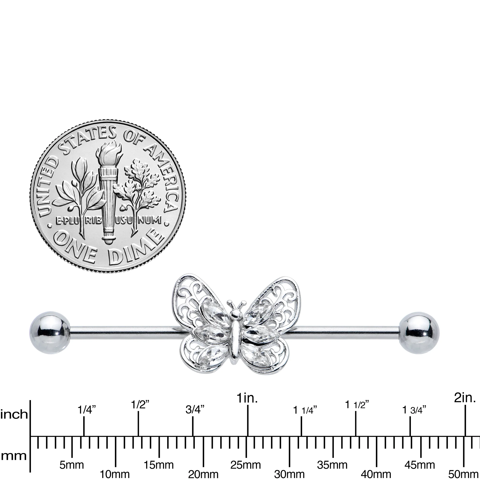 14G Clear Gem Lacy Butterfly Industrial Barbell 38mm - Image 3