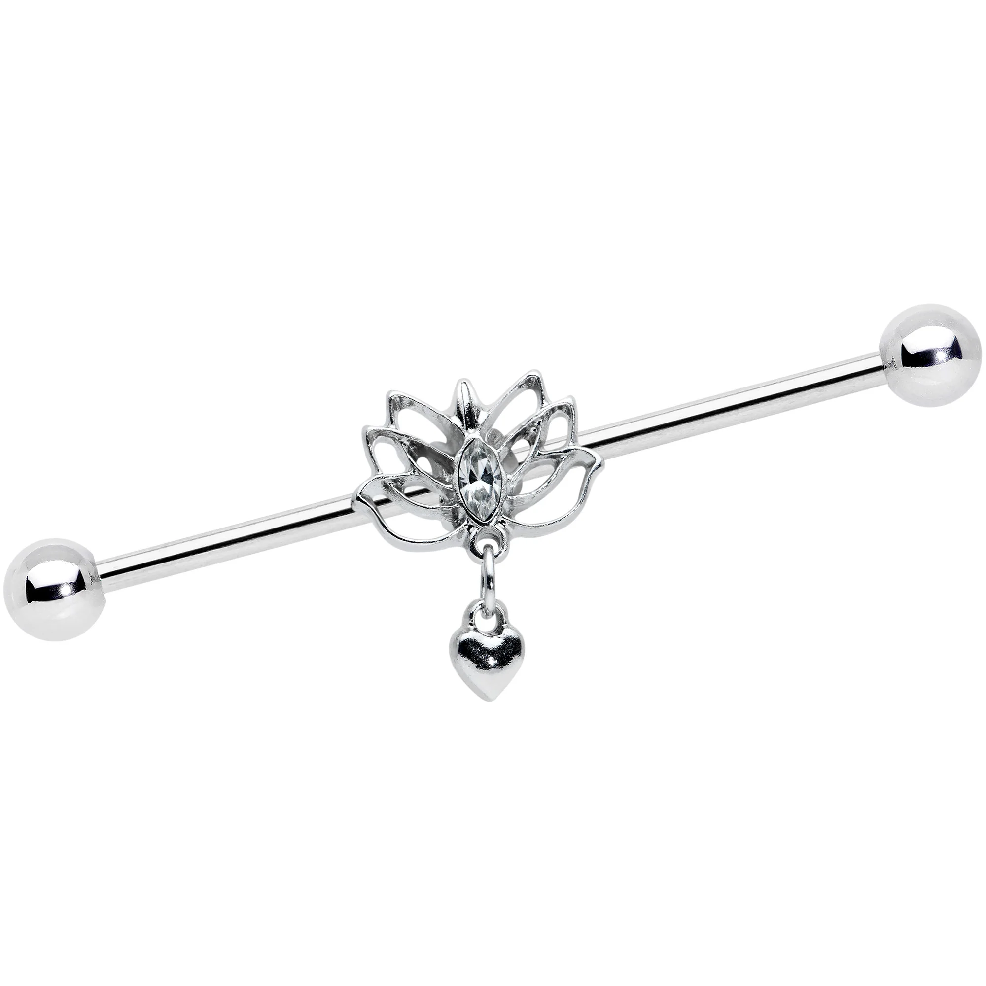14G Clear Gem Lotus Flower Heart Dangle Industrial Barbell 38mm