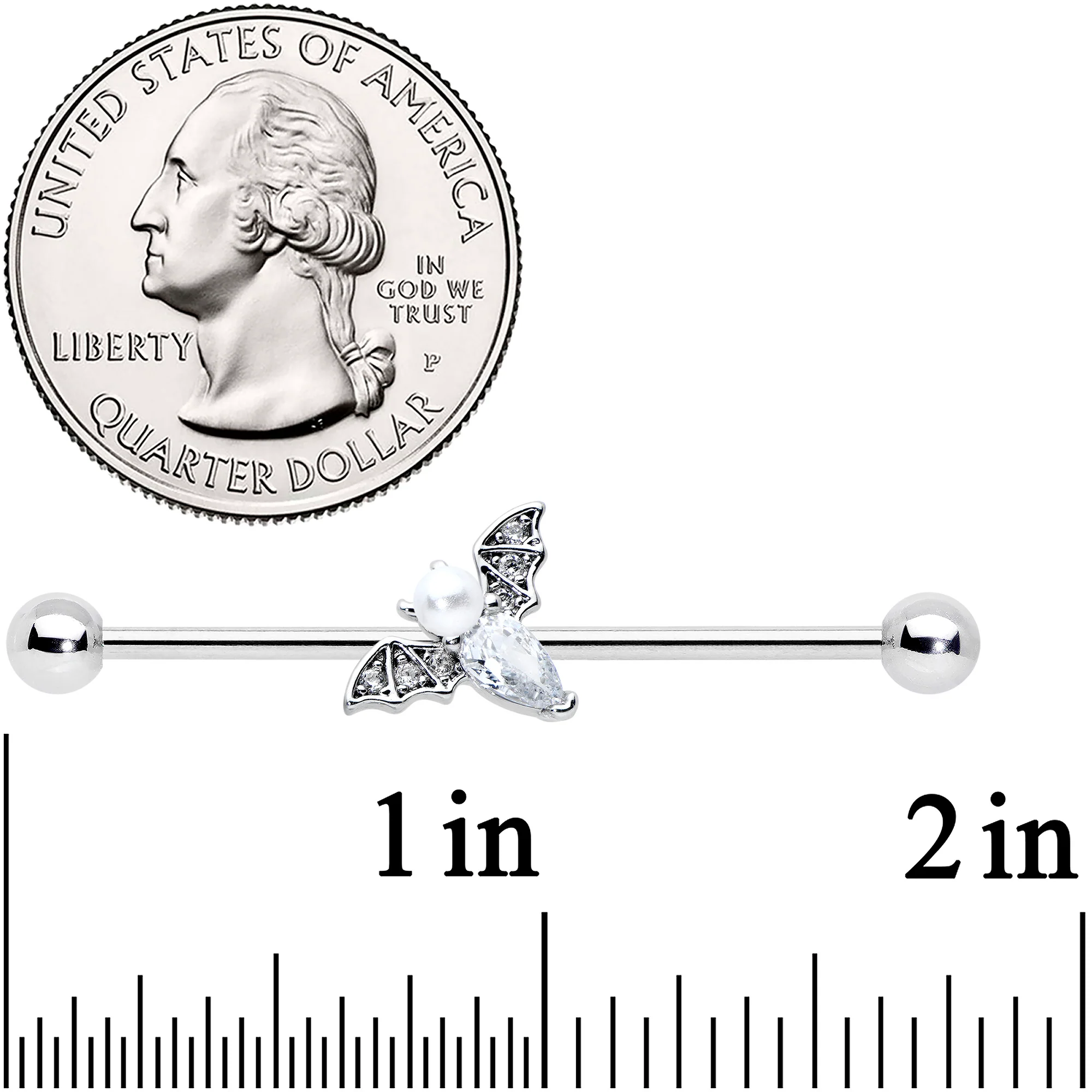 14G Clear Gem Offset Bat Halloween Industrial Barbell 38mm - Image 2