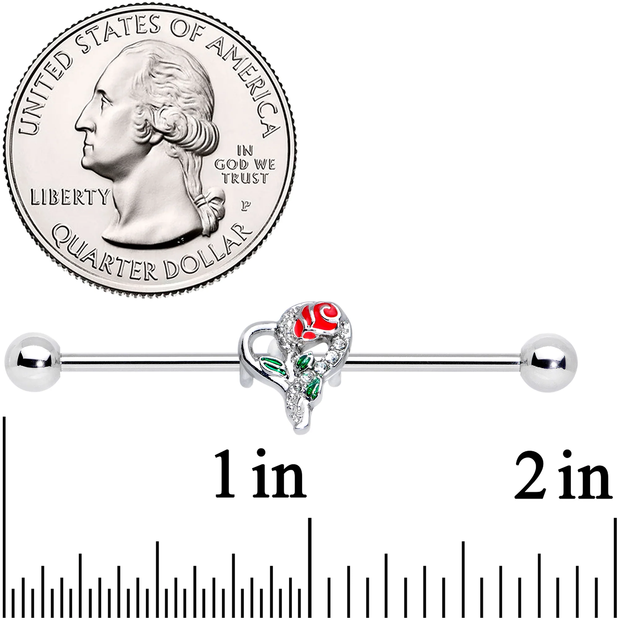 14G Clear Gem Open Heart Rose Valentines Industrial Barbell 38mm - Image 2